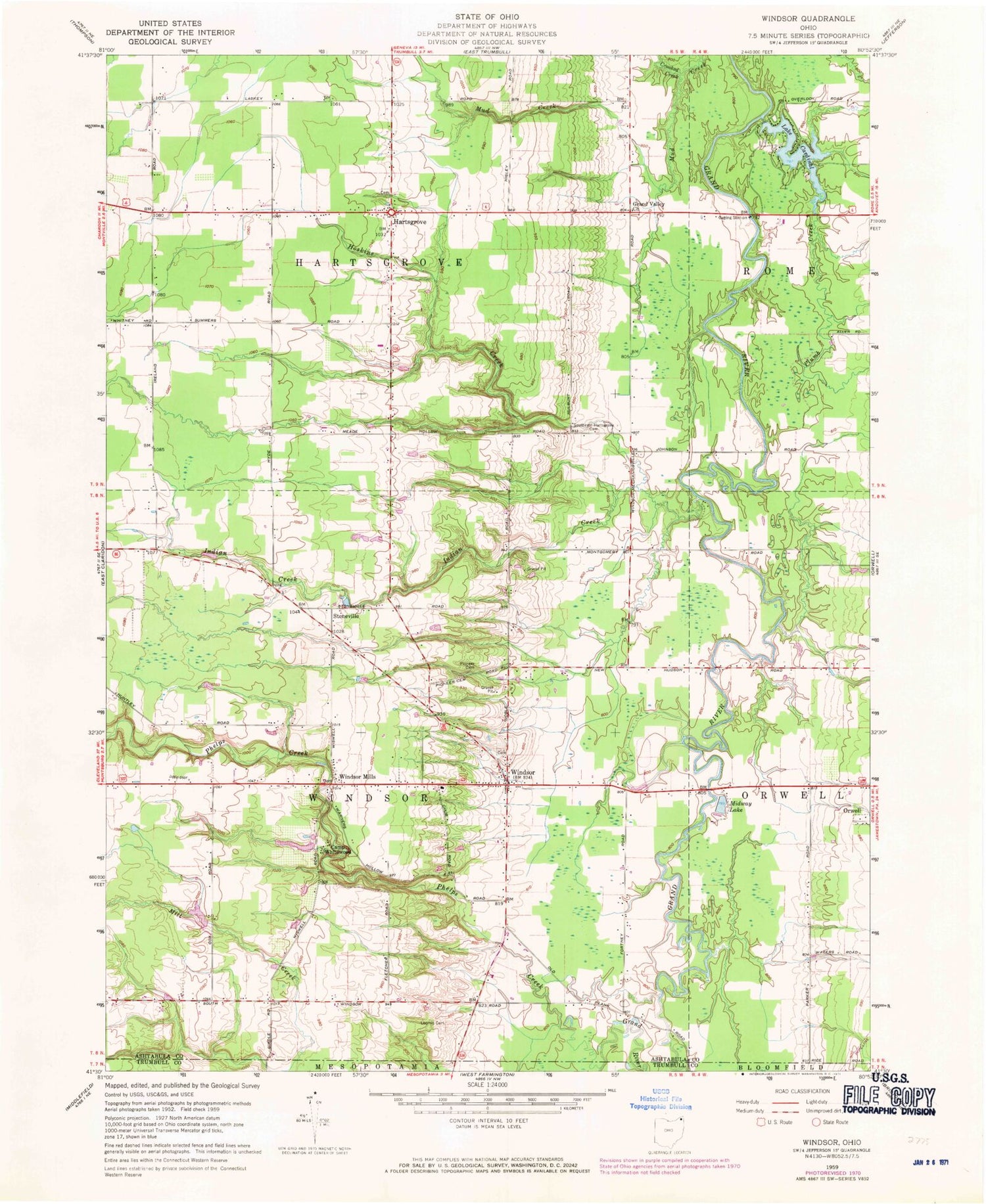 Classic USGS Windsor Ohio 7.5'x7.5' Topo Map Image