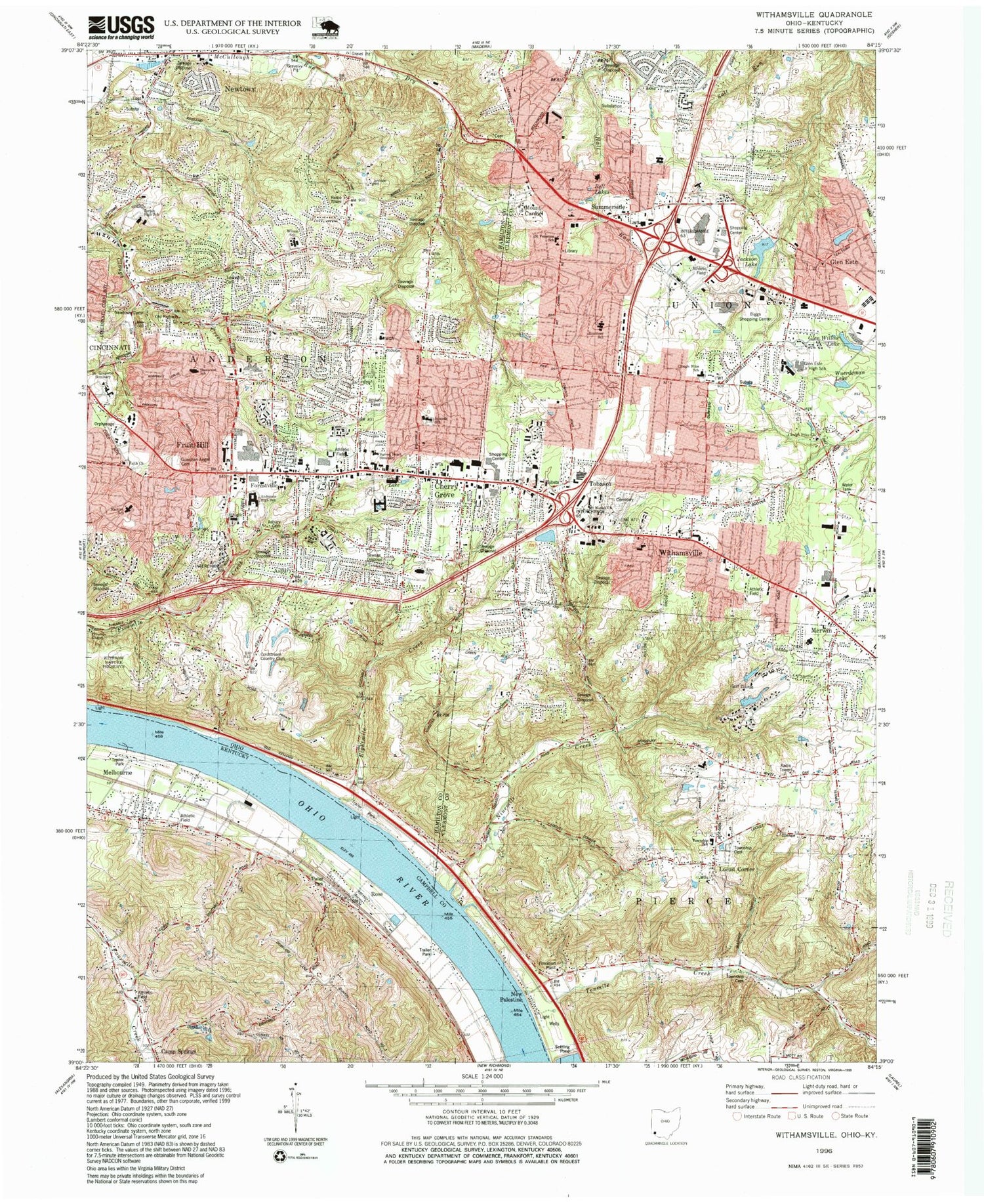 Classic USGS Withamsville Ohio 7.5'x7.5' Topo Map Image