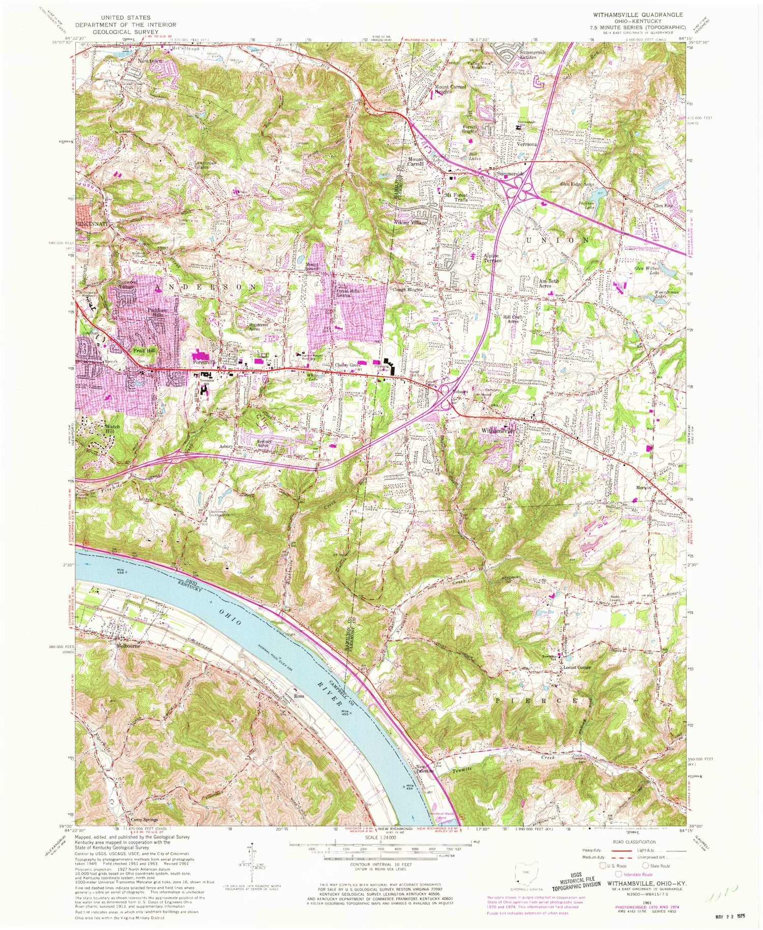 Classic USGS Withamsville Ohio 7.5'x7.5' Topo Map Image