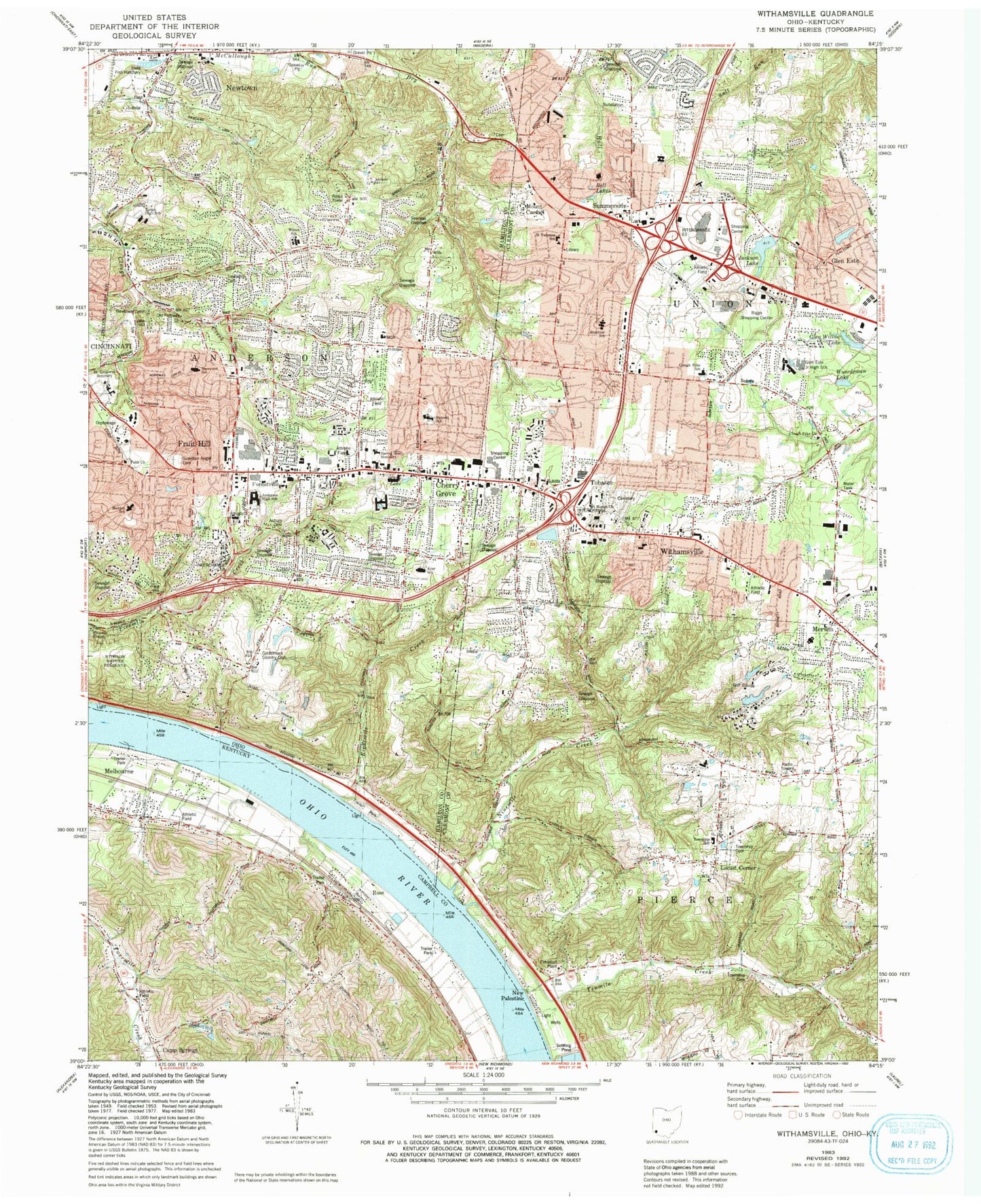 Classic USGS Withamsville Ohio 7.5'x7.5' Topo Map Image