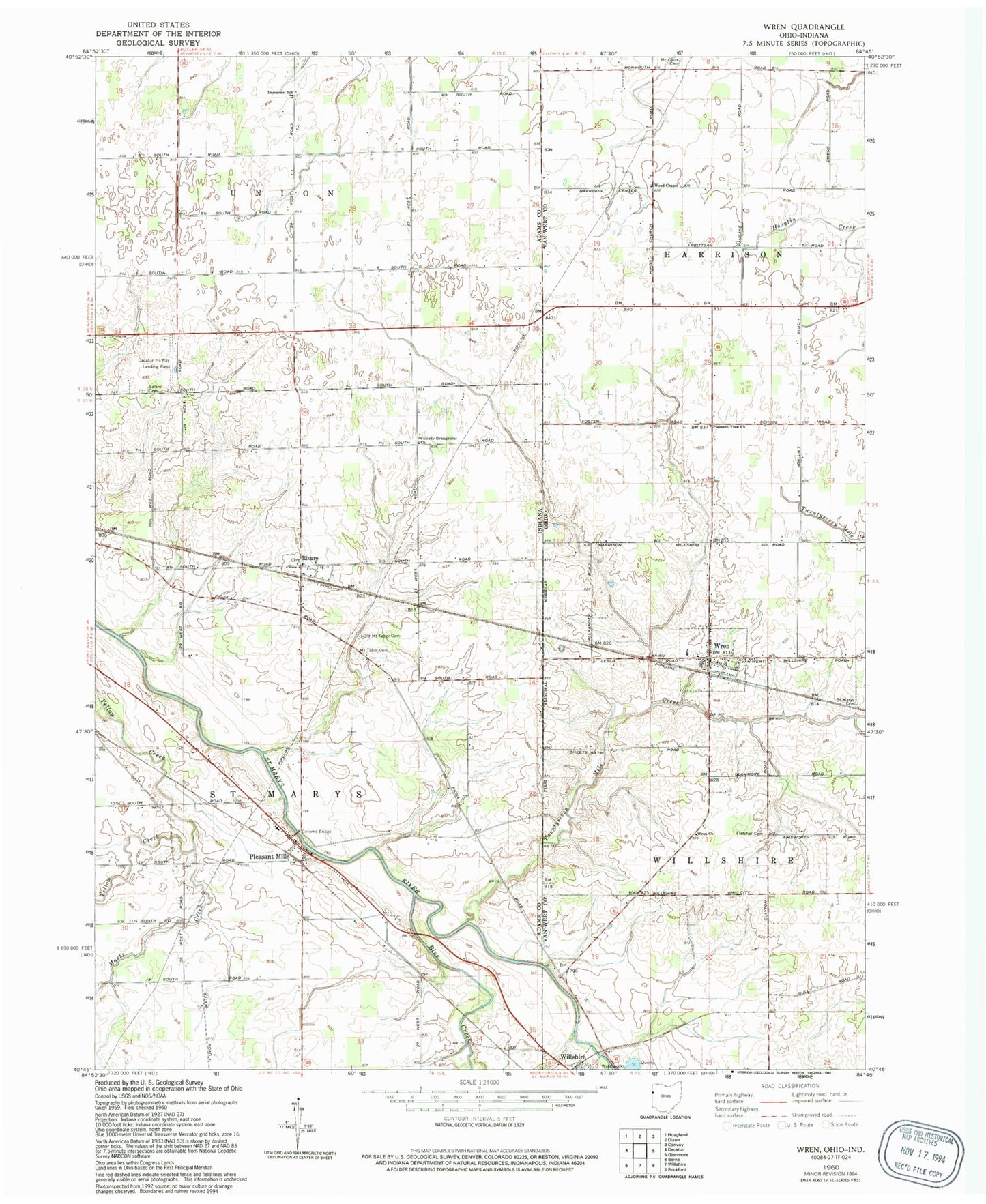 Classic USGS Wren Ohio 7.5'x7.5' Topo Map Image