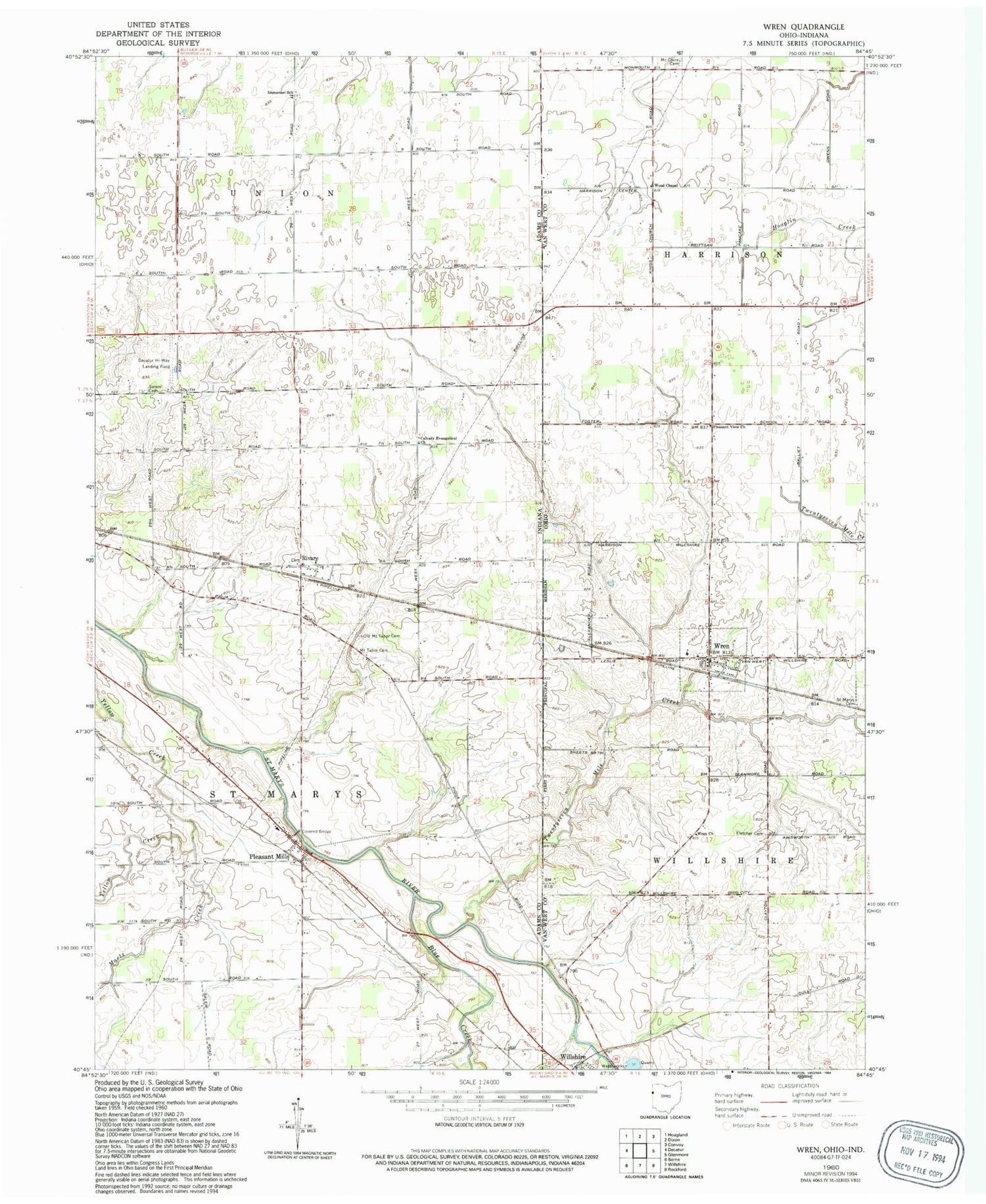 Classic USGS Wren Ohio 7.5'x7.5' Topo Map Image