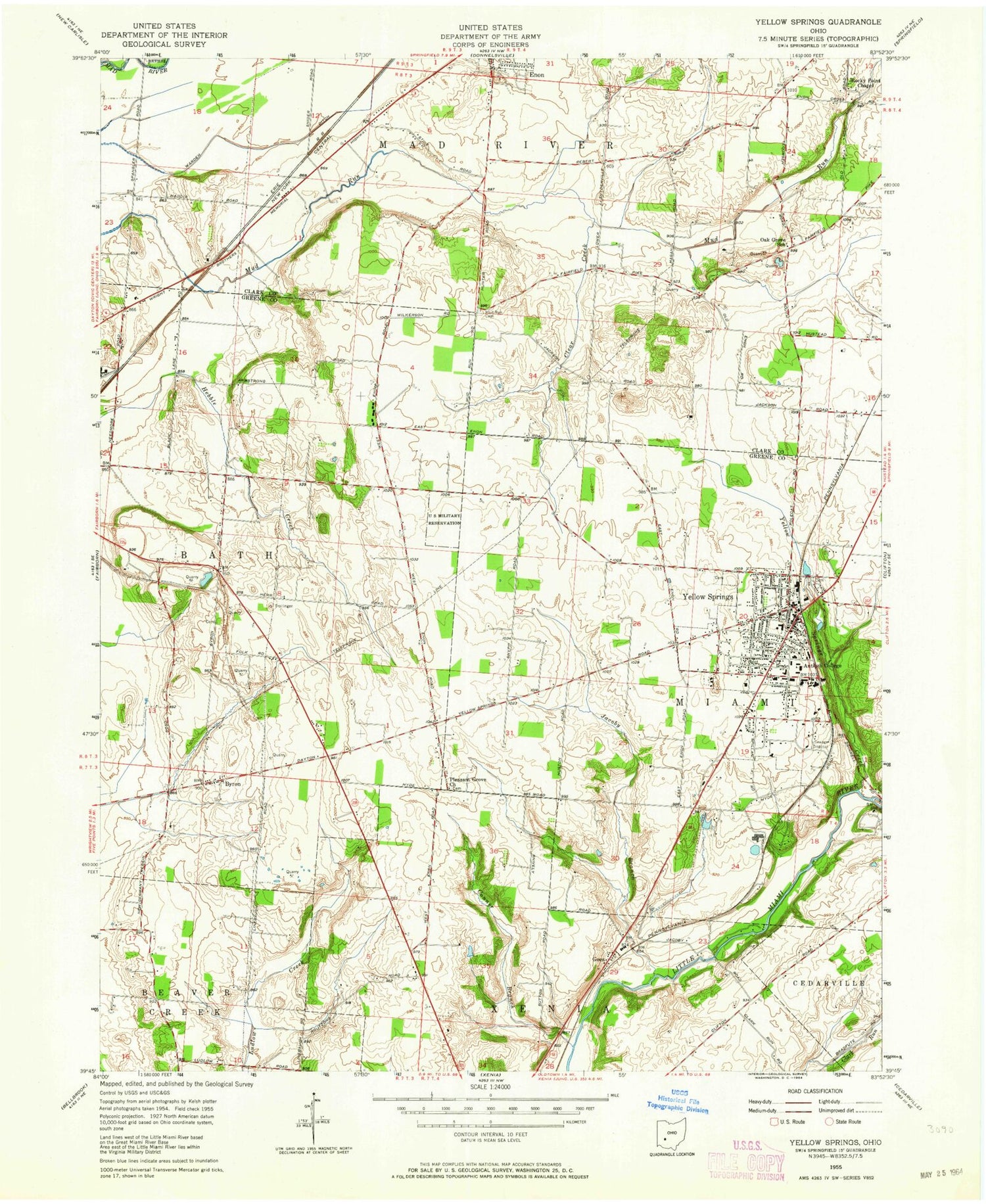 Classic USGS Yellow Springs Ohio 7.5'x7.5' Topo Map Image