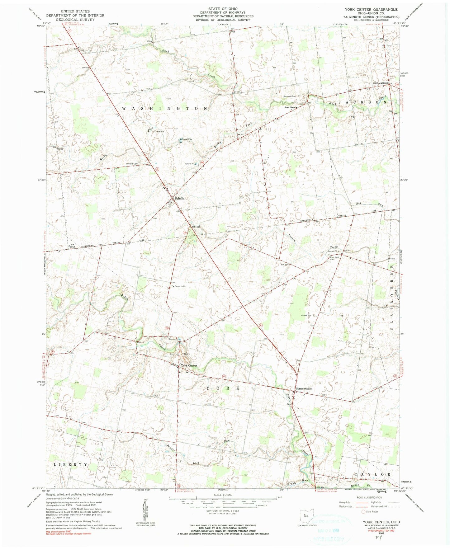 Classic USGS York Center Ohio 7.5'x7.5' Topo Map Image