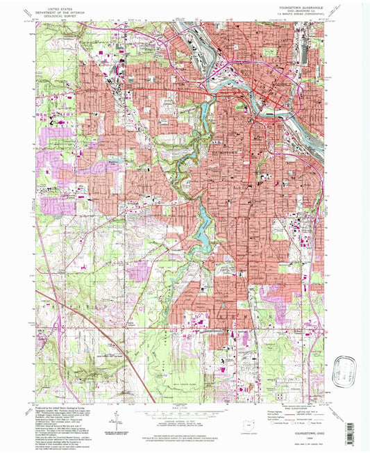 Classic USGS Youngstown Ohio 7.5'x7.5' Topo Map Image
