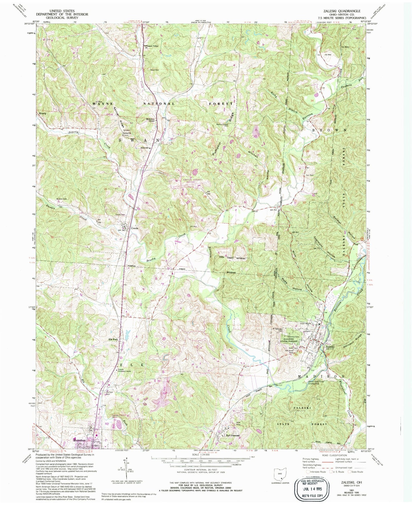 Classic USGS Zaleski Ohio 7.5'x7.5' Topo Map Image