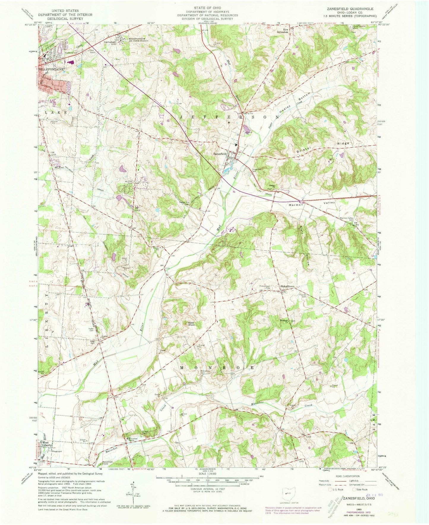 Classic USGS Zanesfield Ohio 7.5'x7.5' Topo Map Image