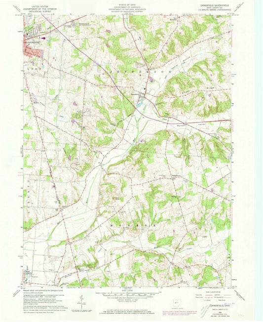 Classic USGS Zanesfield Ohio 7.5'x7.5' Topo Map Image
