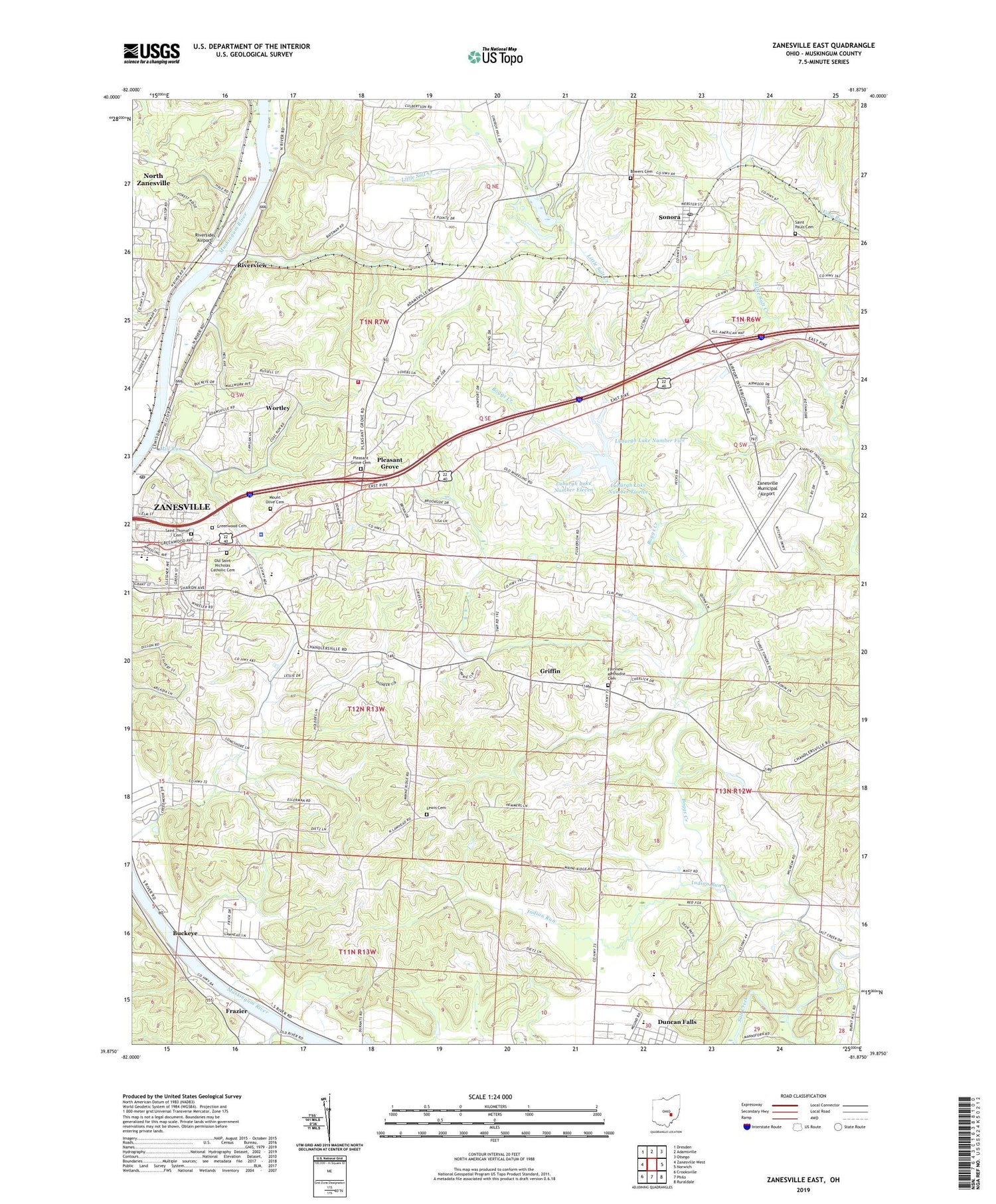 Zanesville East Ohio US Topo Map Image
