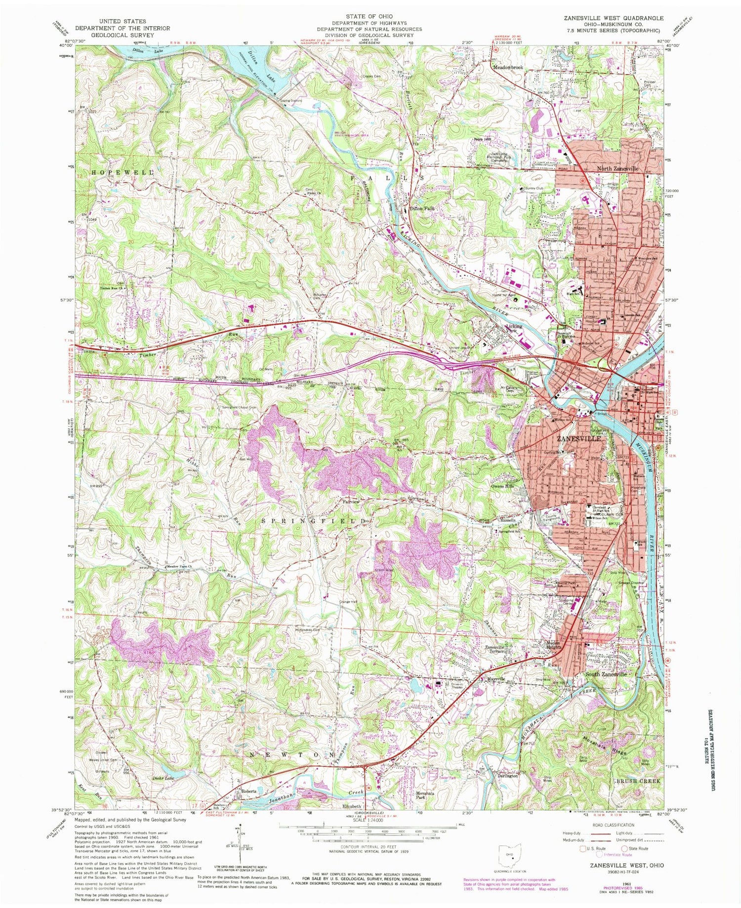 Classic USGS Zanesville West Ohio 7.5'x7.5' Topo Map Image