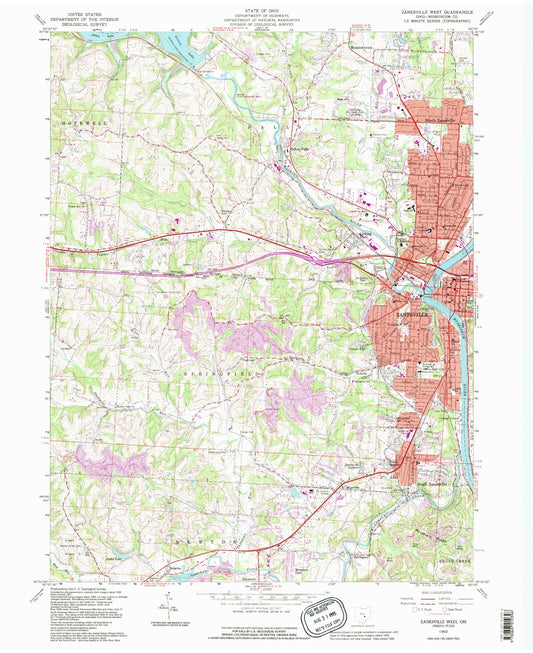 Classic USGS Zanesville West Ohio 7.5'x7.5' Topo Map Image