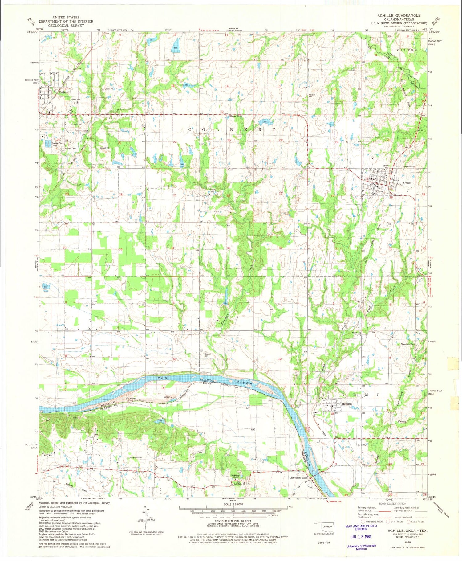Classic USGS Achille Oklahoma 7.5'x7.5' Topo Map Image