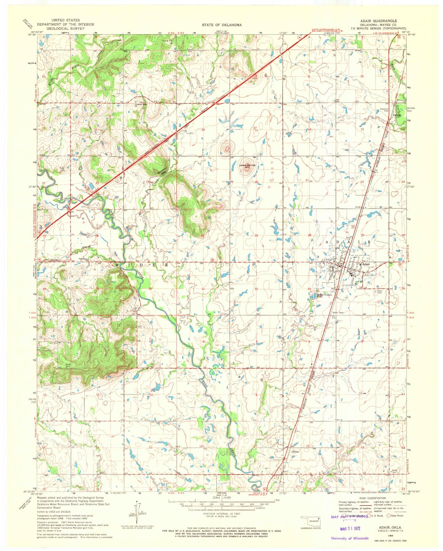 Classic USGS Adair Oklahoma 7.5'x7.5' Topo Map Image
