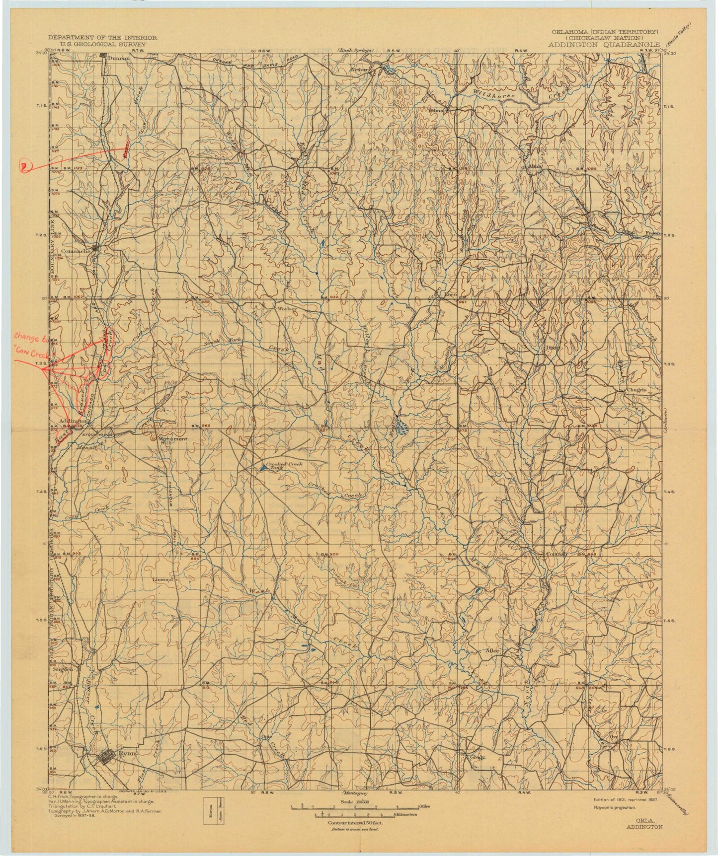 Historic 1901 Addington Oklahoma 30'x30' Topo Map Image