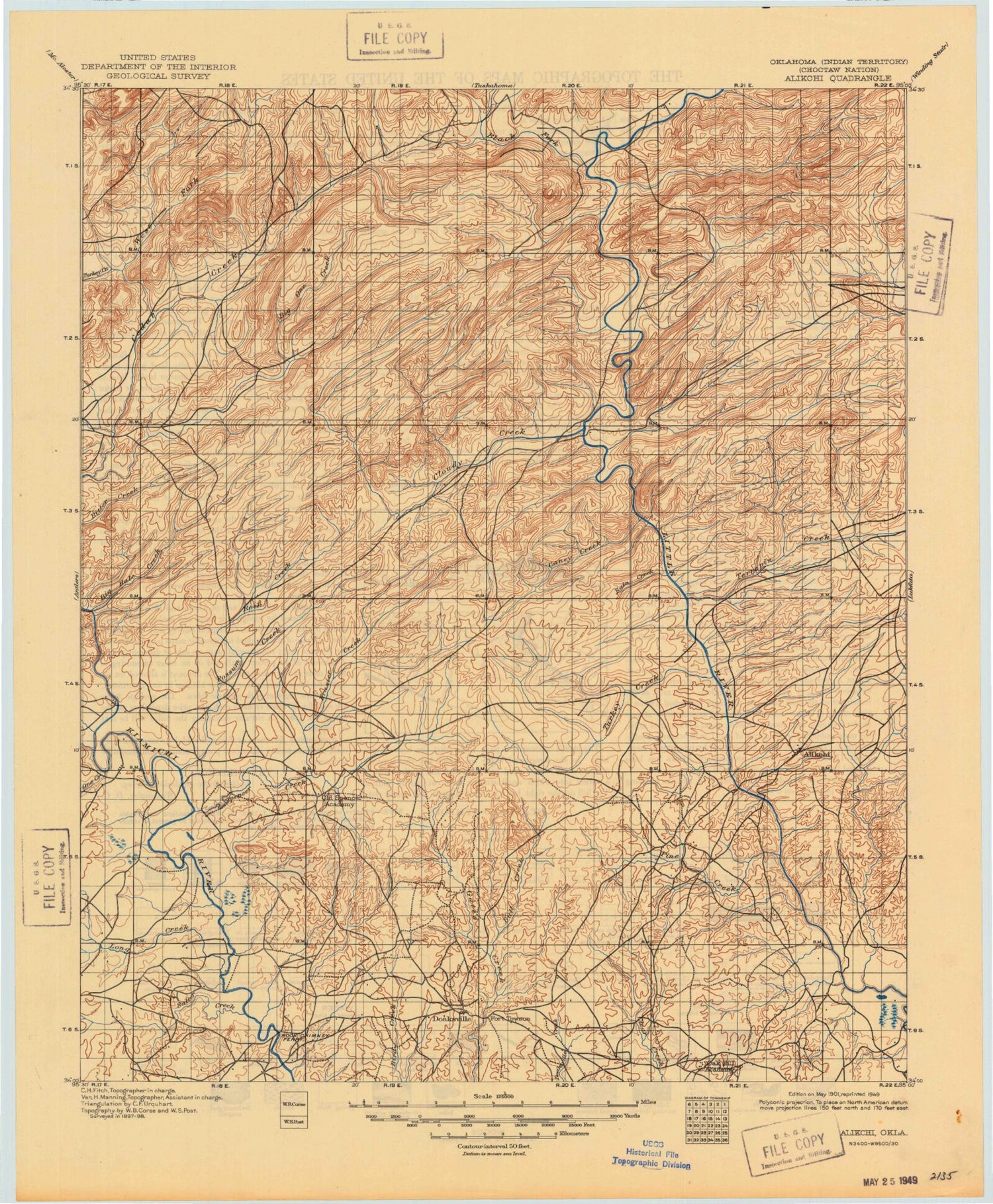 Historic 1901 Alikchi Oklahoma 30'x30' Topo Map Image
