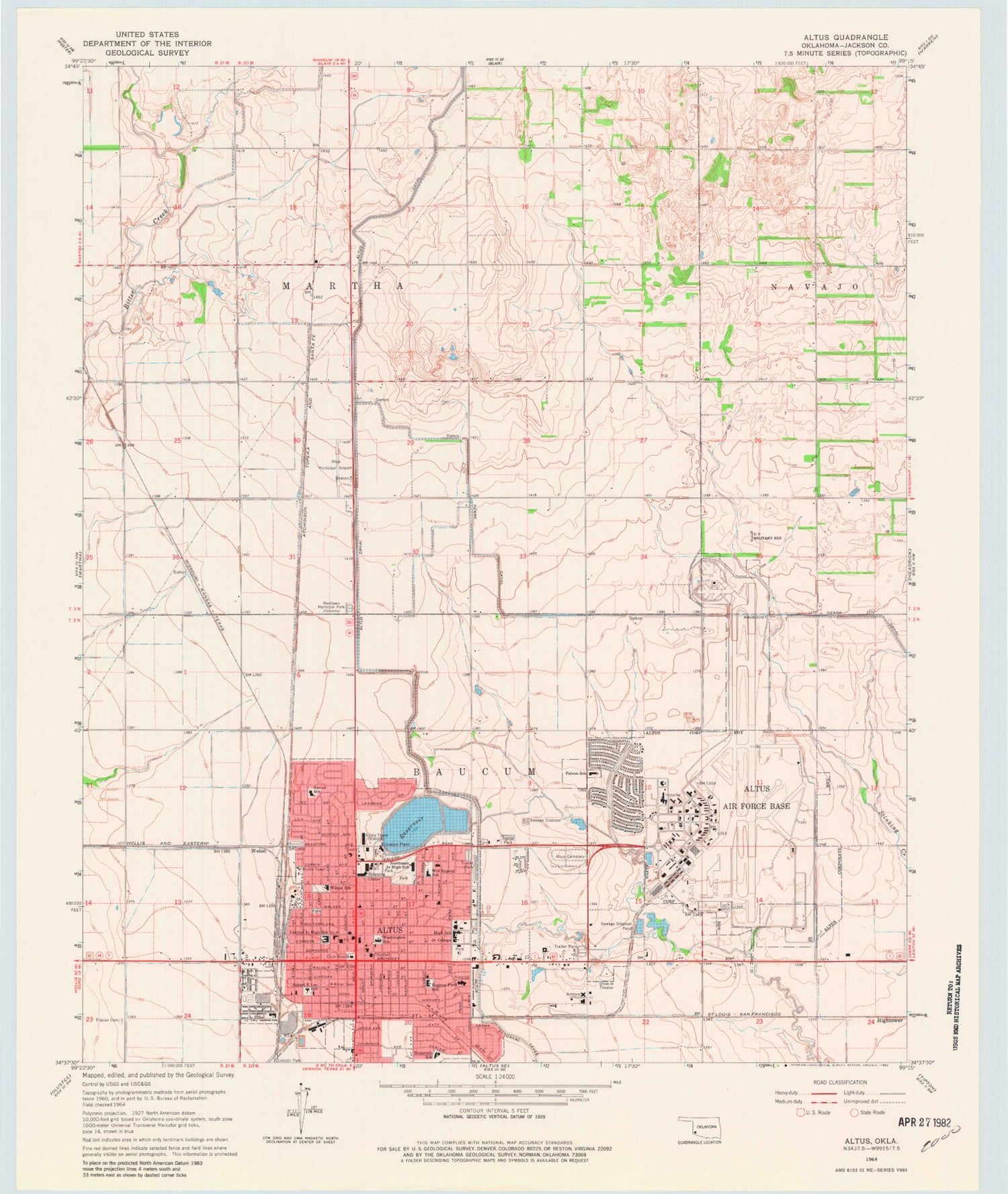 Classic USGS Altus Oklahoma 7.5'x7.5' Topo Map Image