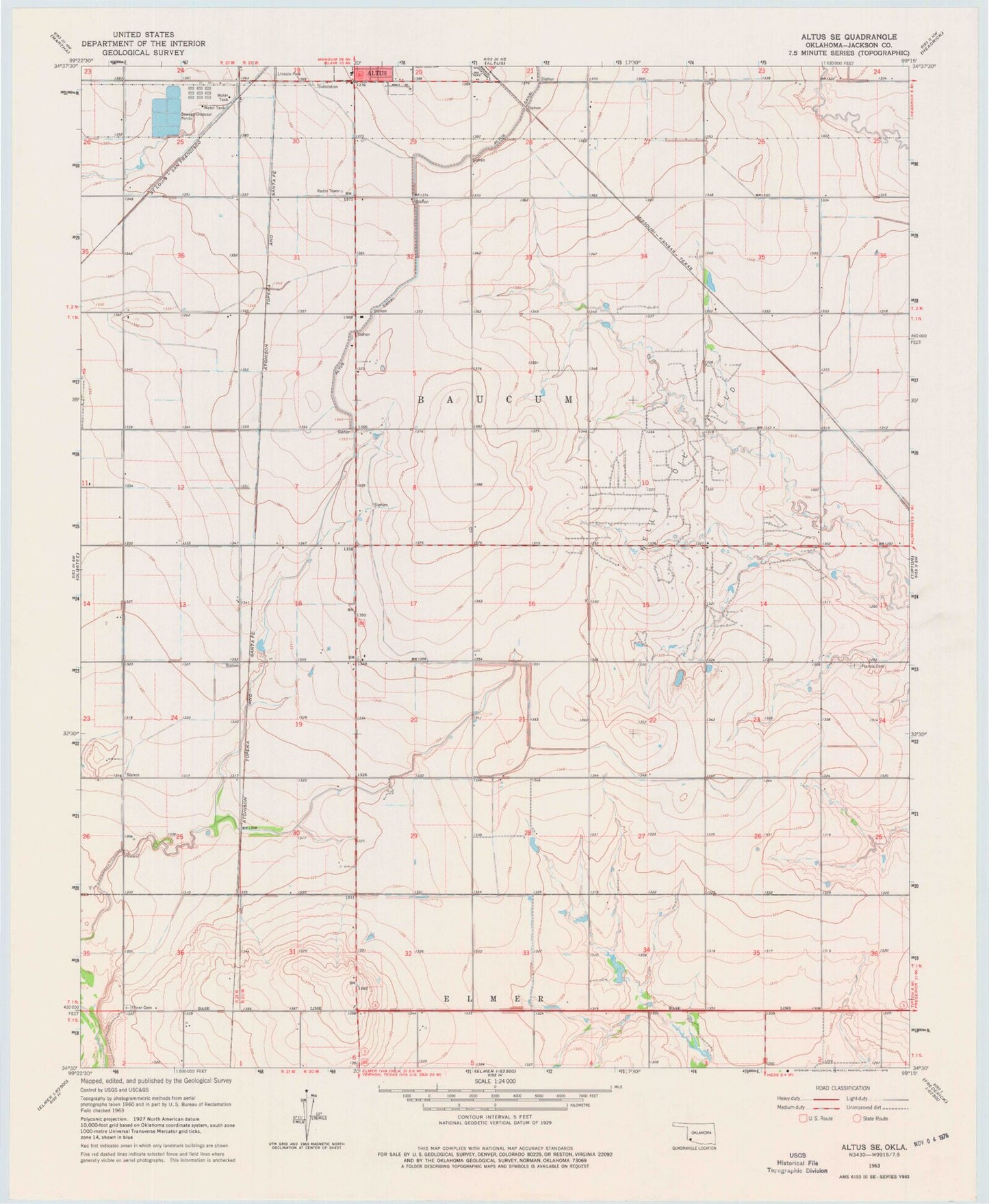 Classic USGS Altus SE Oklahoma 7.5'x7.5' Topo Map Image