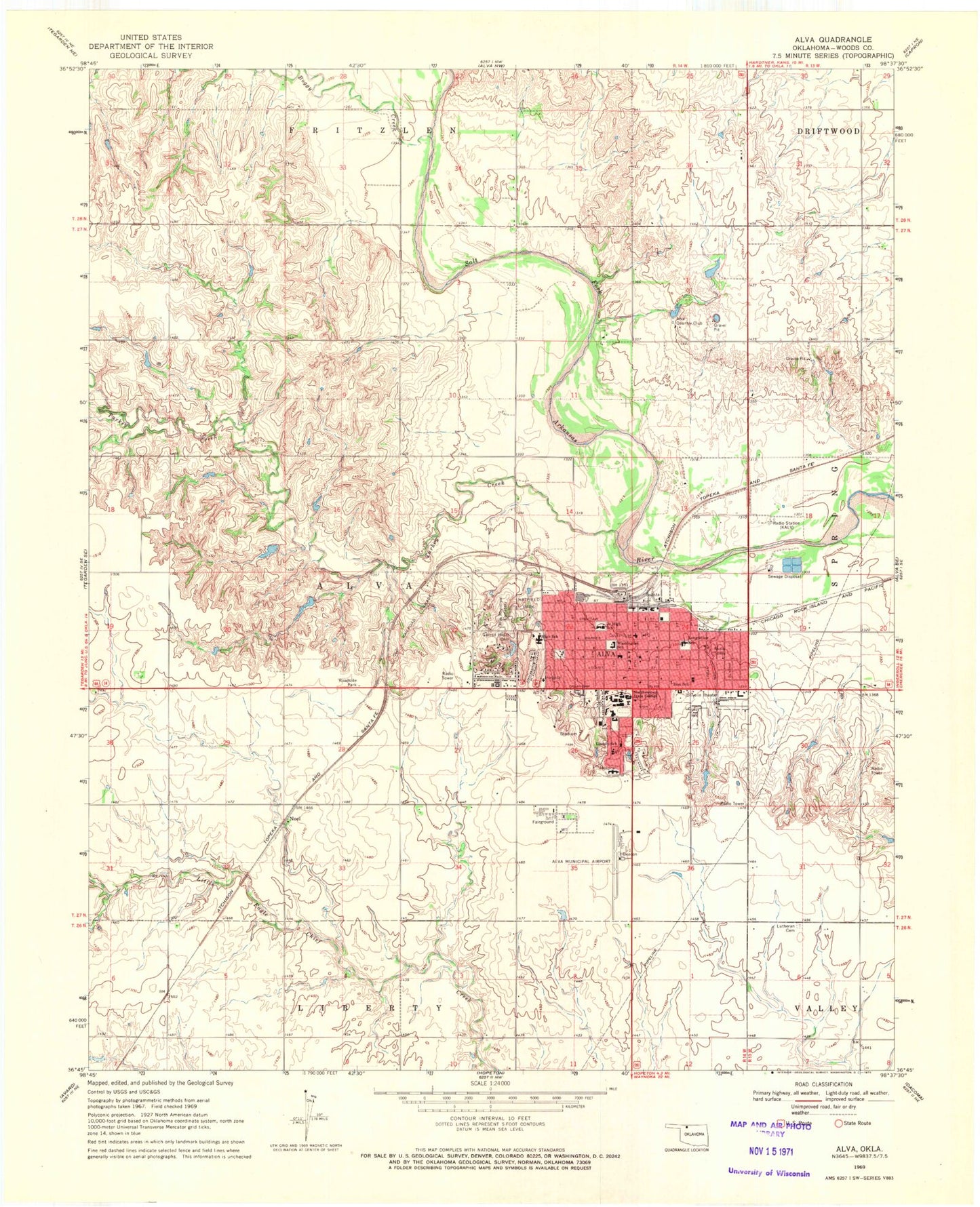 Classic USGS Alva Oklahoma 7.5'x7.5' Topo Map Image