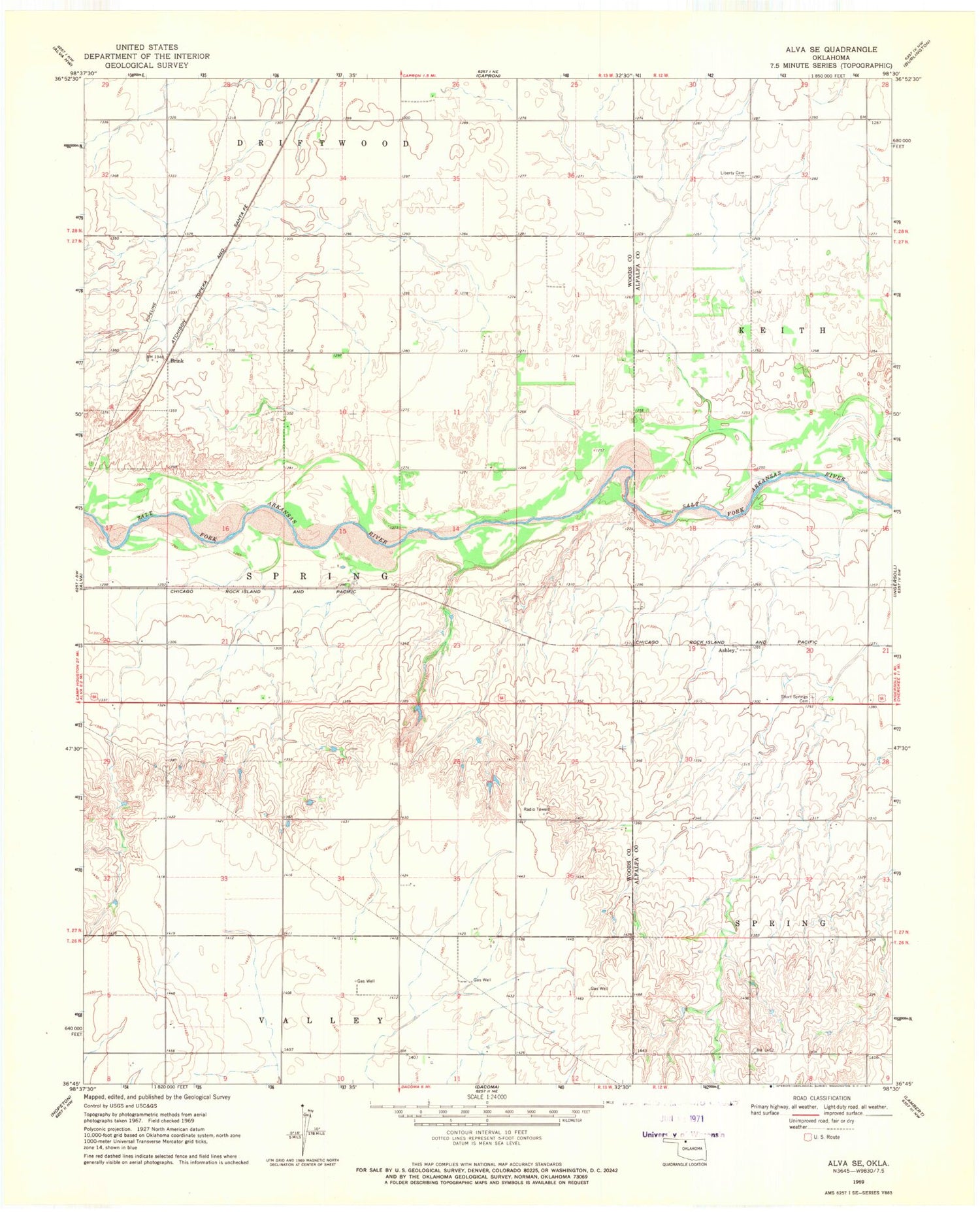Classic USGS Alva SE Oklahoma 7.5'x7.5' Topo Map Image