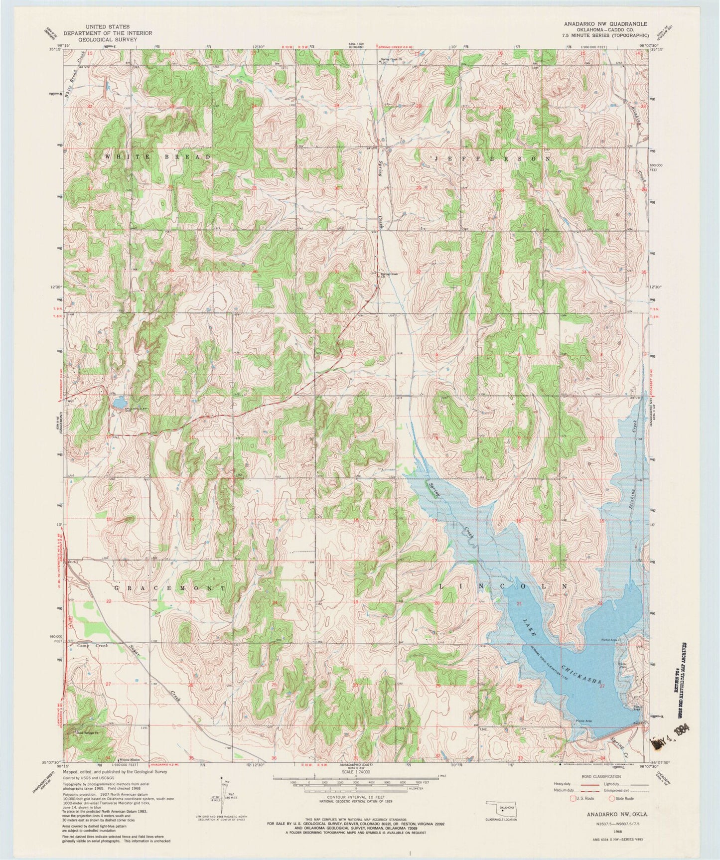 Classic USGS Anadarko NW Oklahoma 7.5'x7.5' Topo Map Image