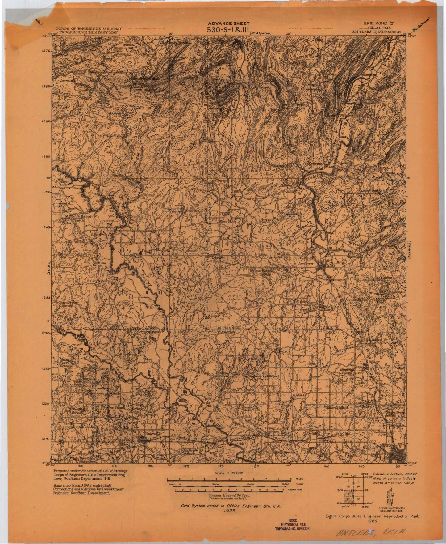 Historic 1925 Antlers Oklahoma 30'x30' Topo Map Image