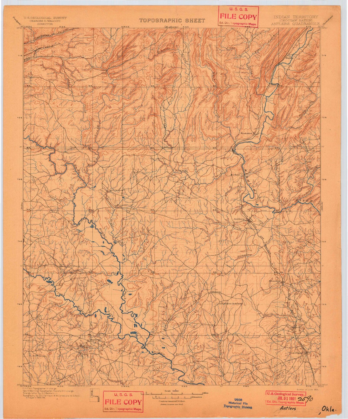 Historic 1901 Antlers Oklahoma 30'x30' Topo Map Image