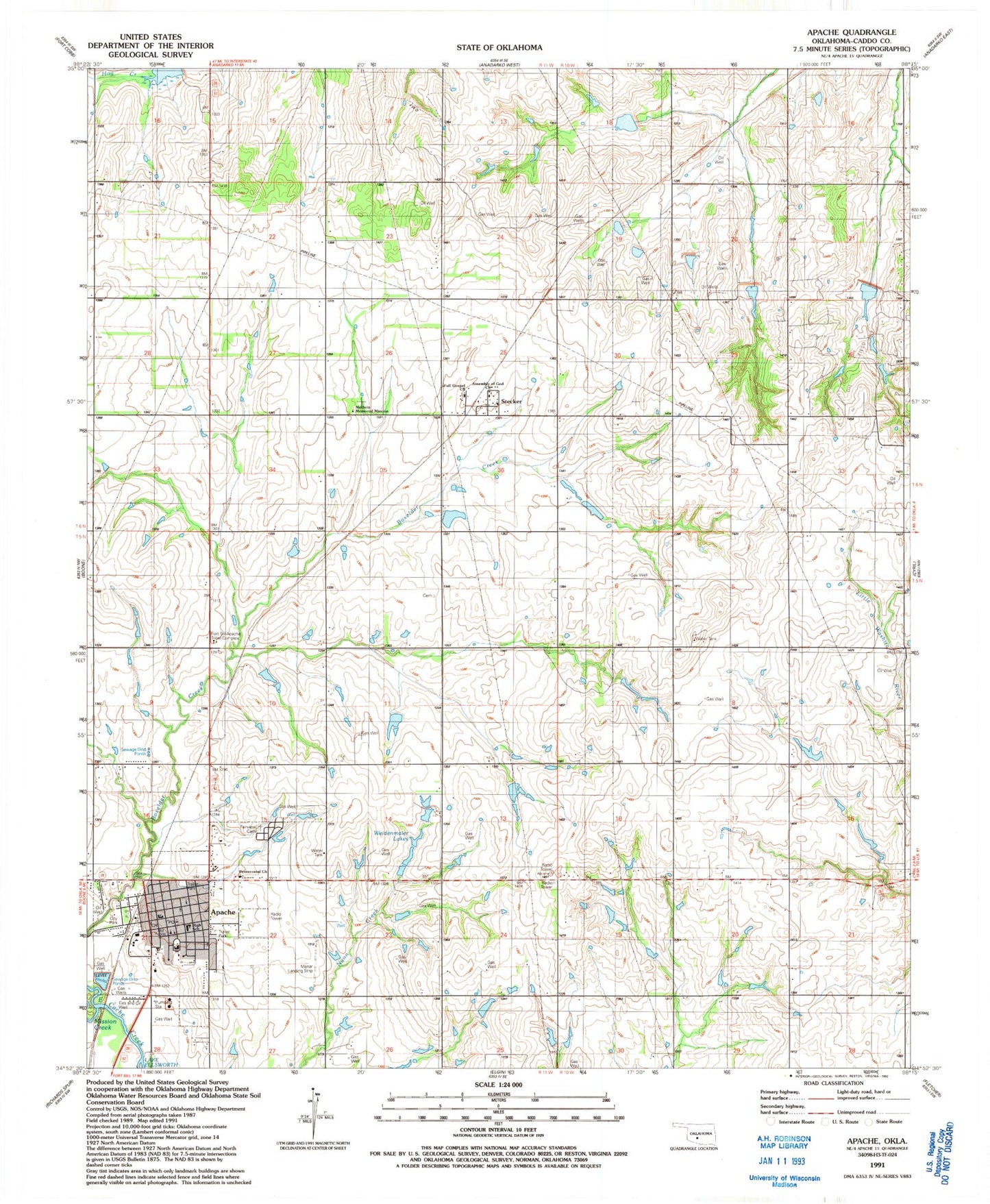 Classic USGS Apache Oklahoma 7.5'x7.5' Topo Map Image