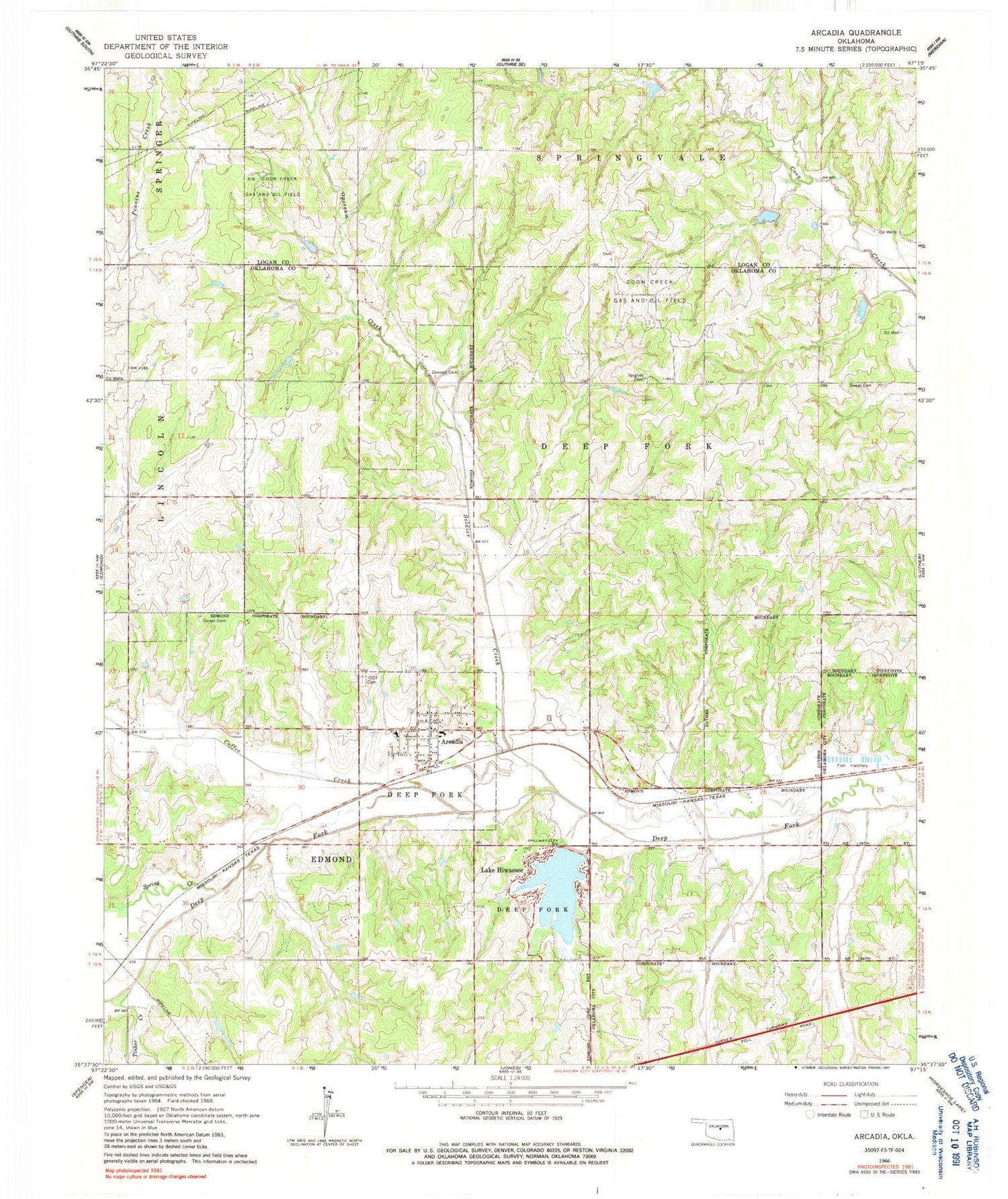 Classic USGS Arcadia Oklahoma 7.5'x7.5' Topo Map Image
