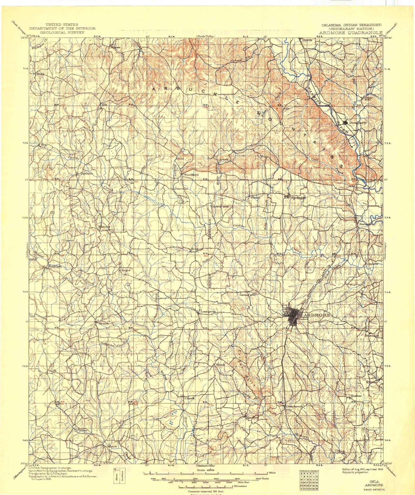 Historic 1901 Ardmore Oklahoma 30'x30' Topo Map Image