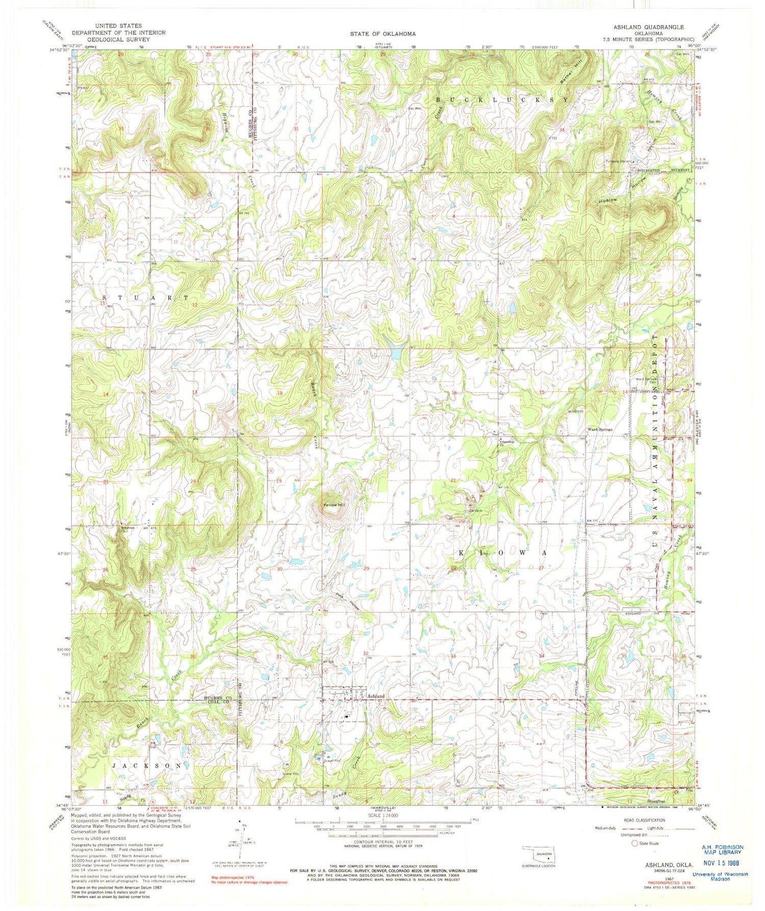 Classic USGS Ashland Oklahoma 7.5'x7.5' Topo Map Image