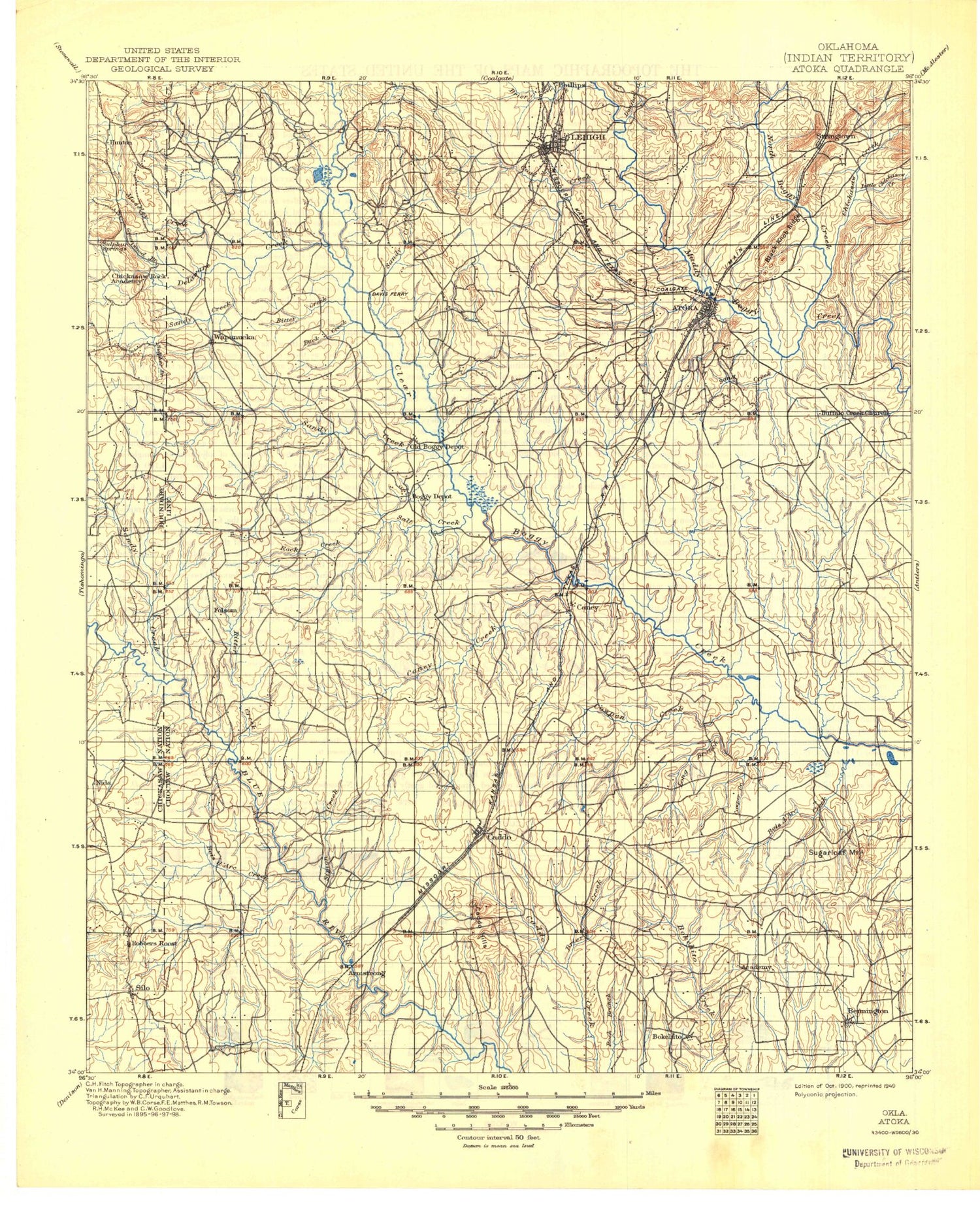 Historic 1900 Atoka Oklahoma 30'x30' Topo Map Image