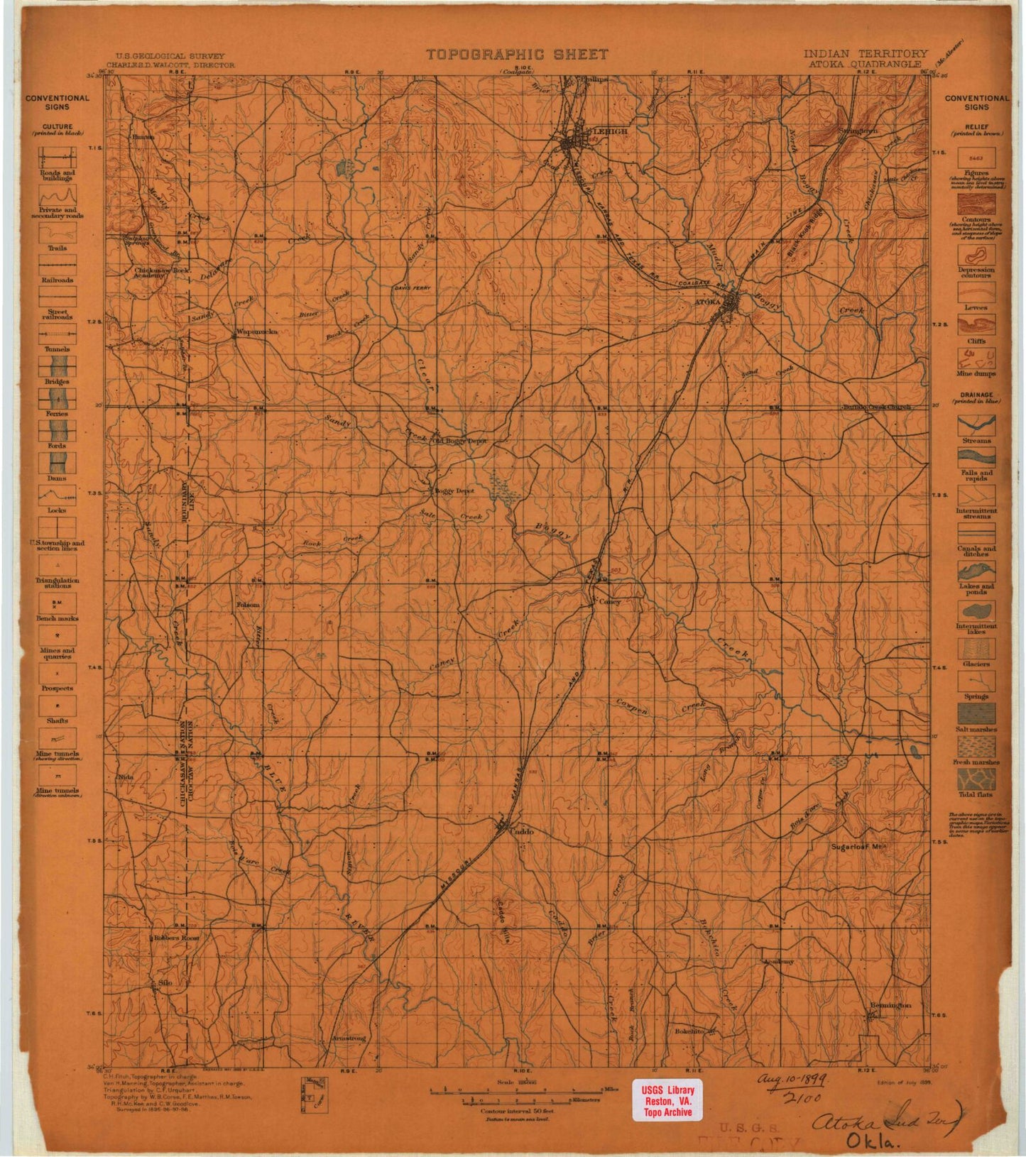 Historic 1899 Atoka Oklahoma 30'x30' Topo Map Image
