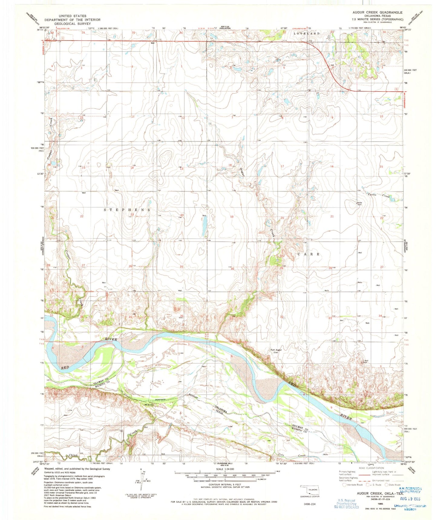 Classic USGS Augar Creek Oklahoma 7.5'x7.5' Topo Map Image