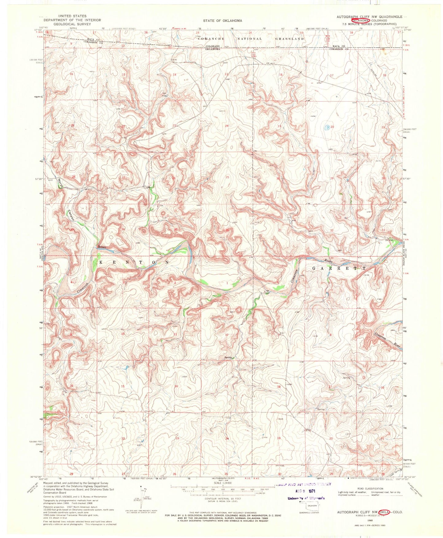 Classic USGS Autograph Cliff NW Oklahoma 7.5'x7.5' Topo Map Image