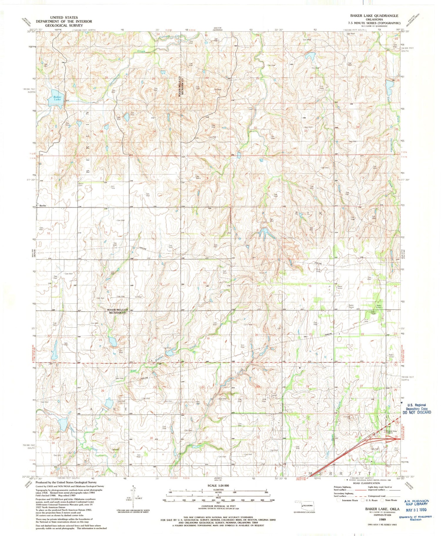 Classic USGS Baker Lake Oklahoma 7.5'x7.5' Topo Map Image