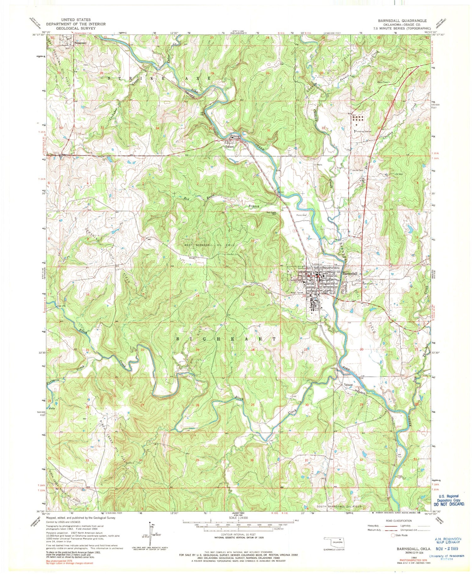 Classic USGS Barnsdall Oklahoma 7.5'x7.5' Topo Map Image