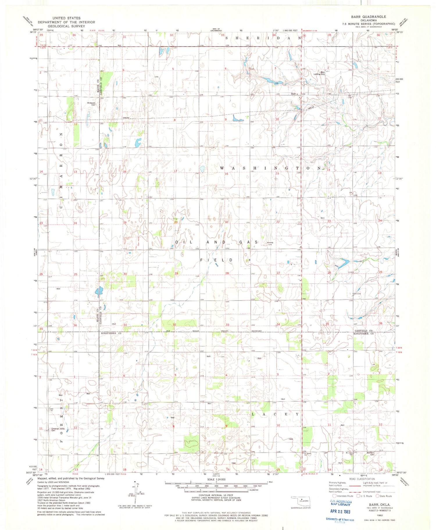 Classic USGS Barr Oklahoma 7.5'x7.5' Topo Map Image