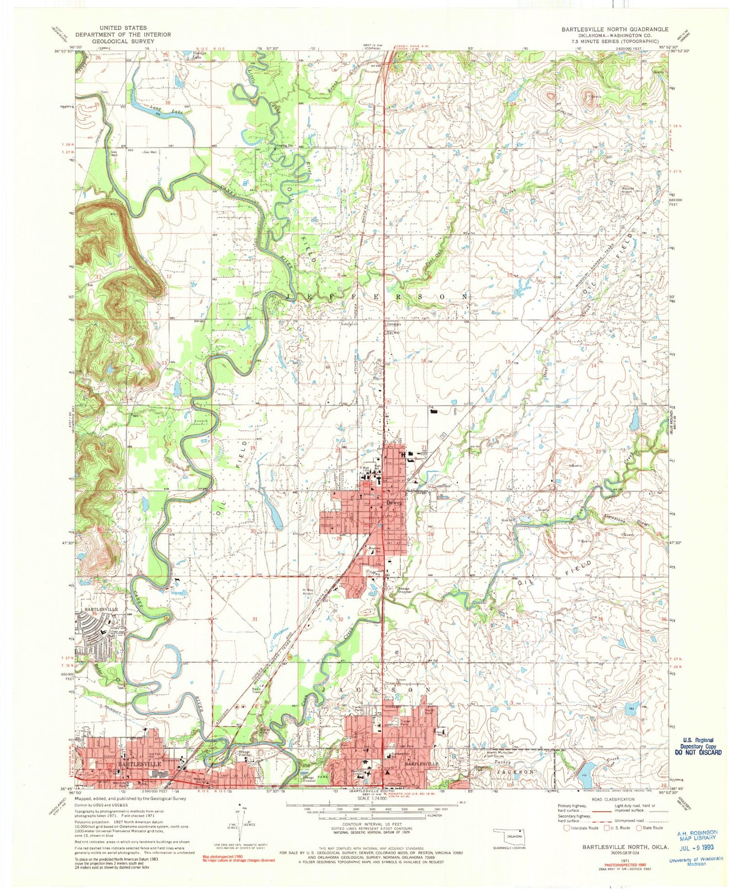 Classic USGS Bartlesville North Oklahoma 7.5'x7.5' Topo Map Image
