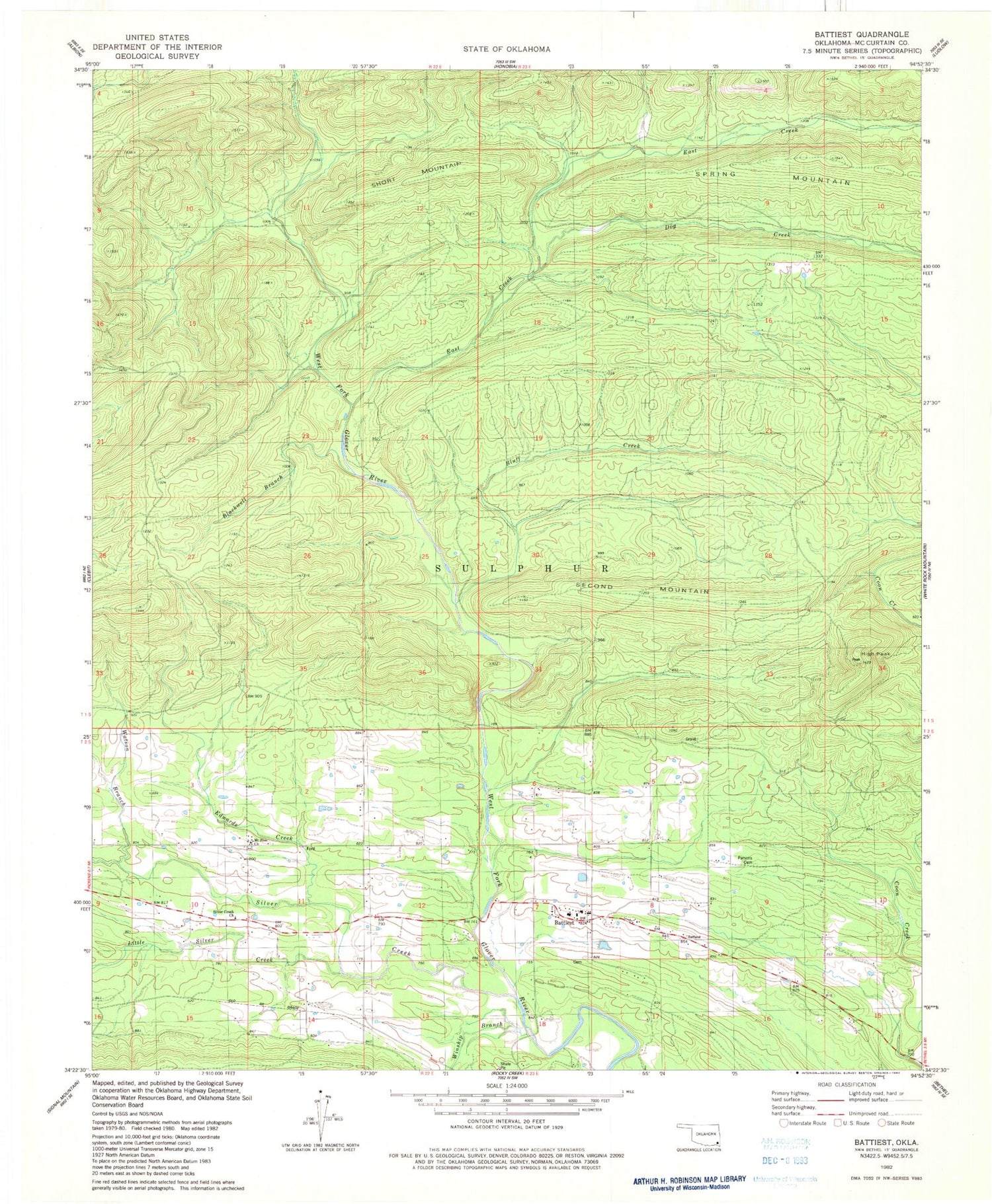 Classic USGS Battiest Oklahoma 7.5'x7.5' Topo Map Image