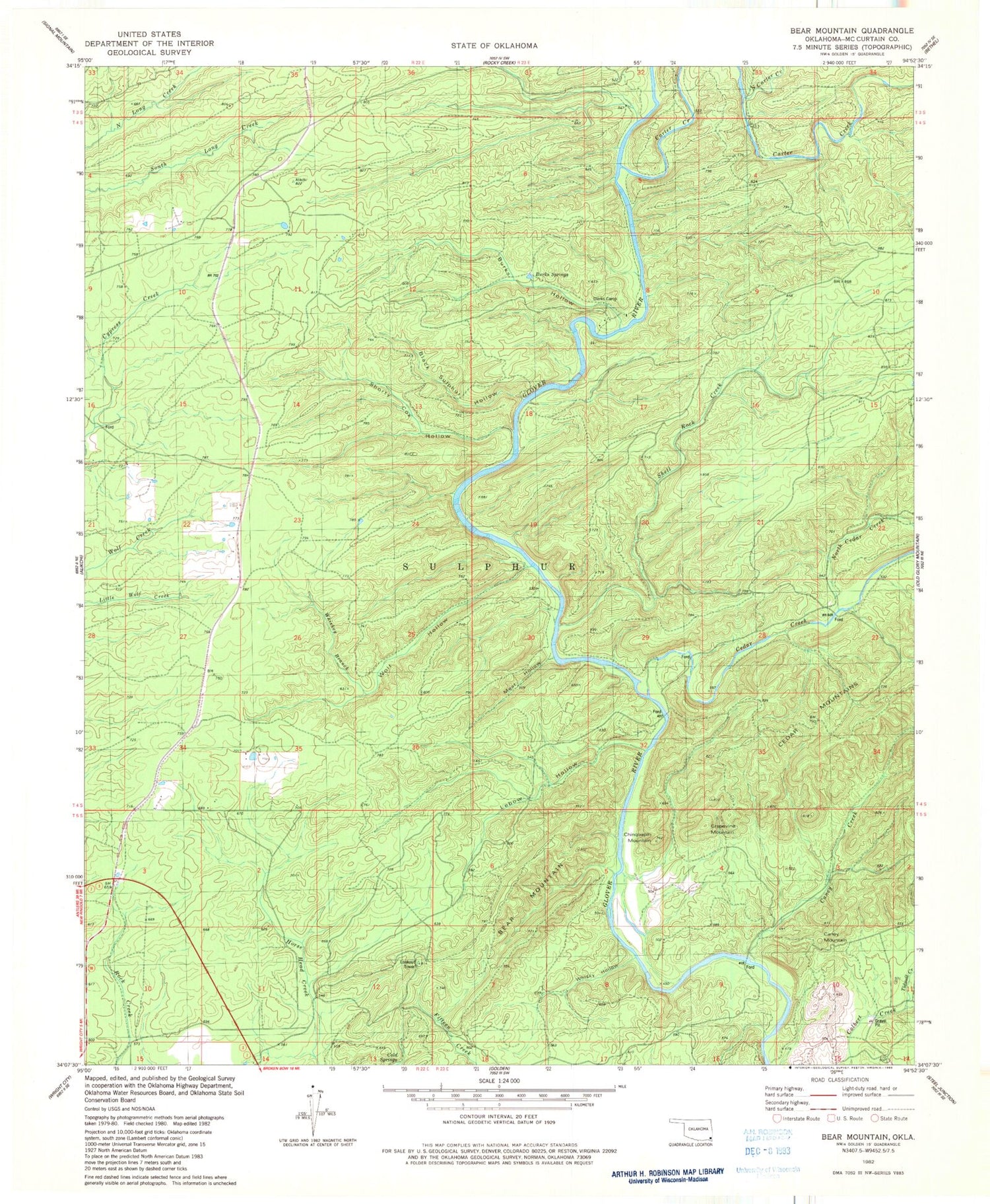 Classic USGS Bear Mountain Oklahoma 7.5'x7.5' Topo Map Image