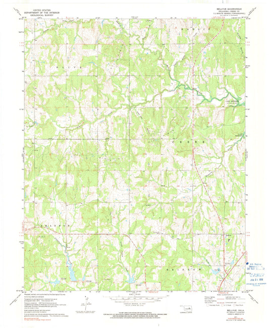 Classic USGS Bellvue Oklahoma 7.5'x7.5' Topo Map Image