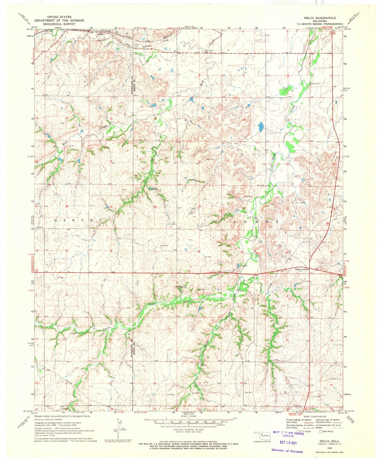 Classic USGS Belva Oklahoma 7.5'x7.5' Topo Map Image