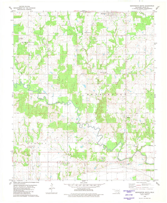 Classic USGS Bennington South Oklahoma 7.5'x7.5' Topo Map Image