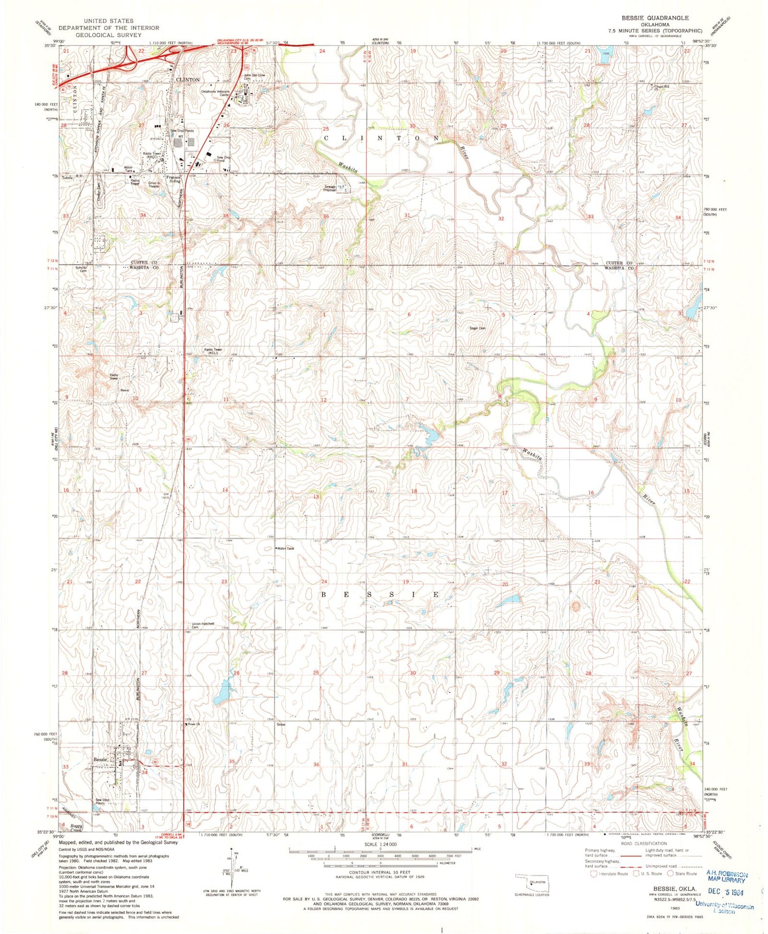 Classic USGS Bessie Oklahoma 7.5'x7.5' Topo Map Image