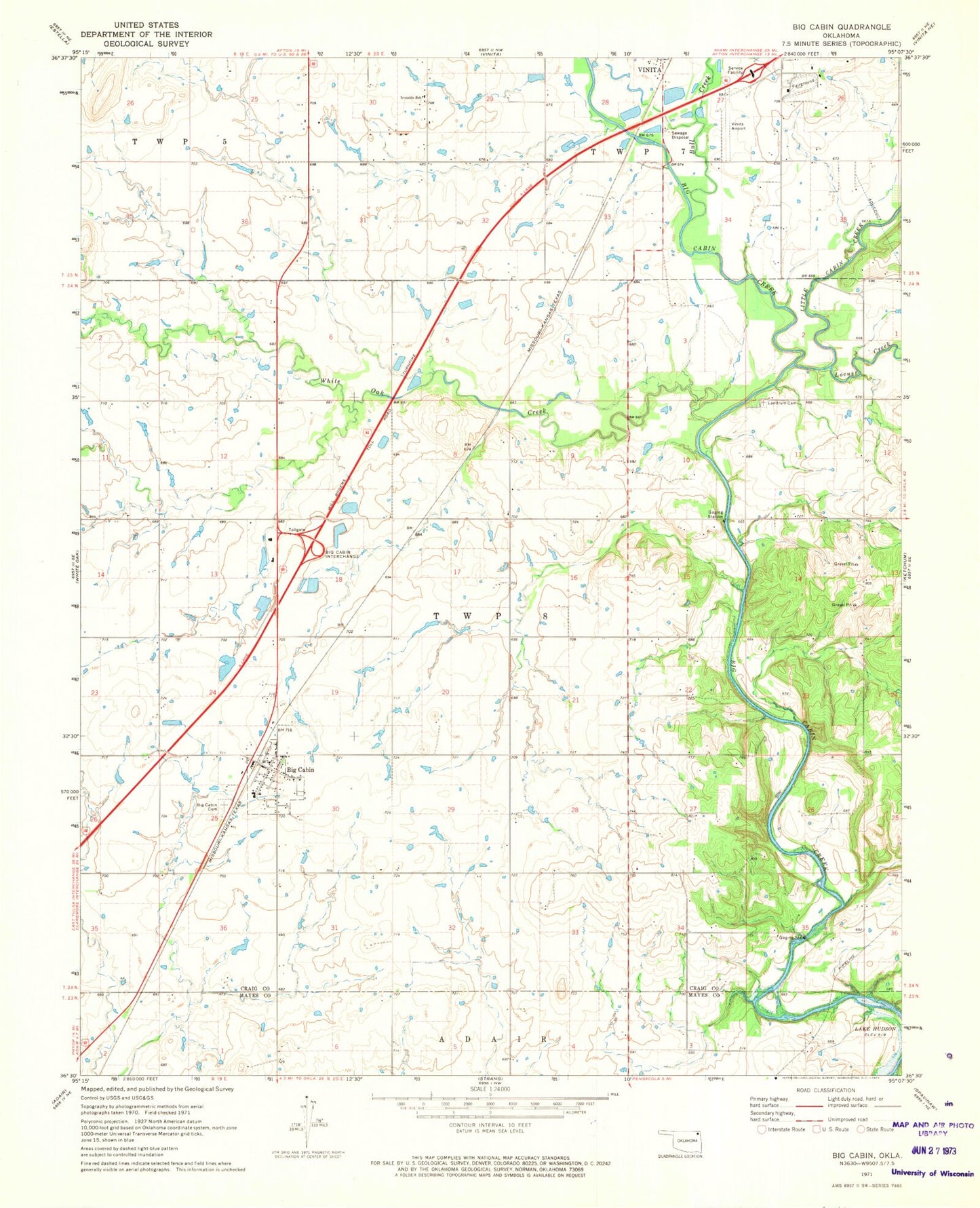 Classic USGS Big Cabin Oklahoma 7.5'x7.5' Topo Map Image