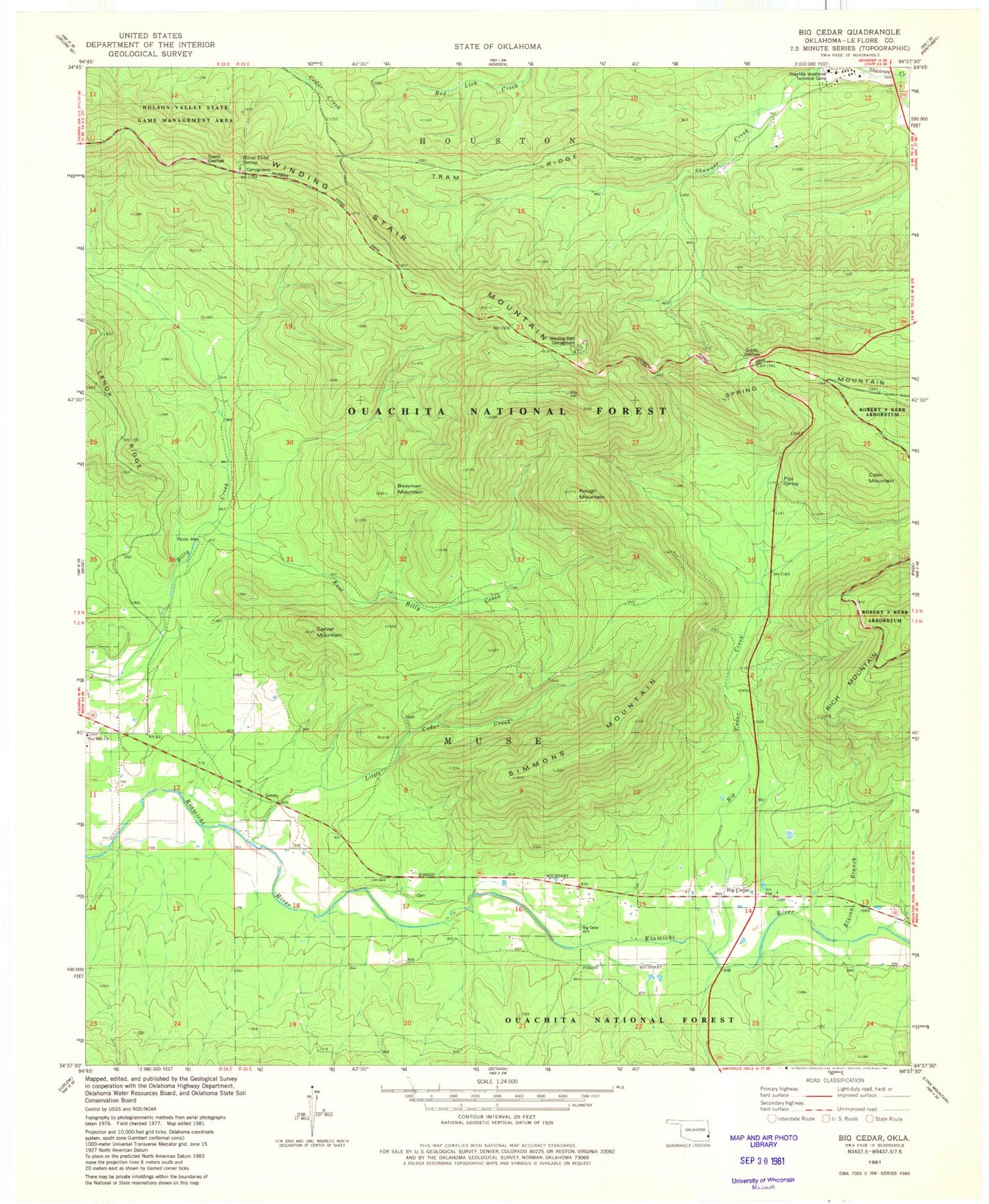 Classic USGS Big Cedar Oklahoma 7.5'x7.5' Topo Map Image
