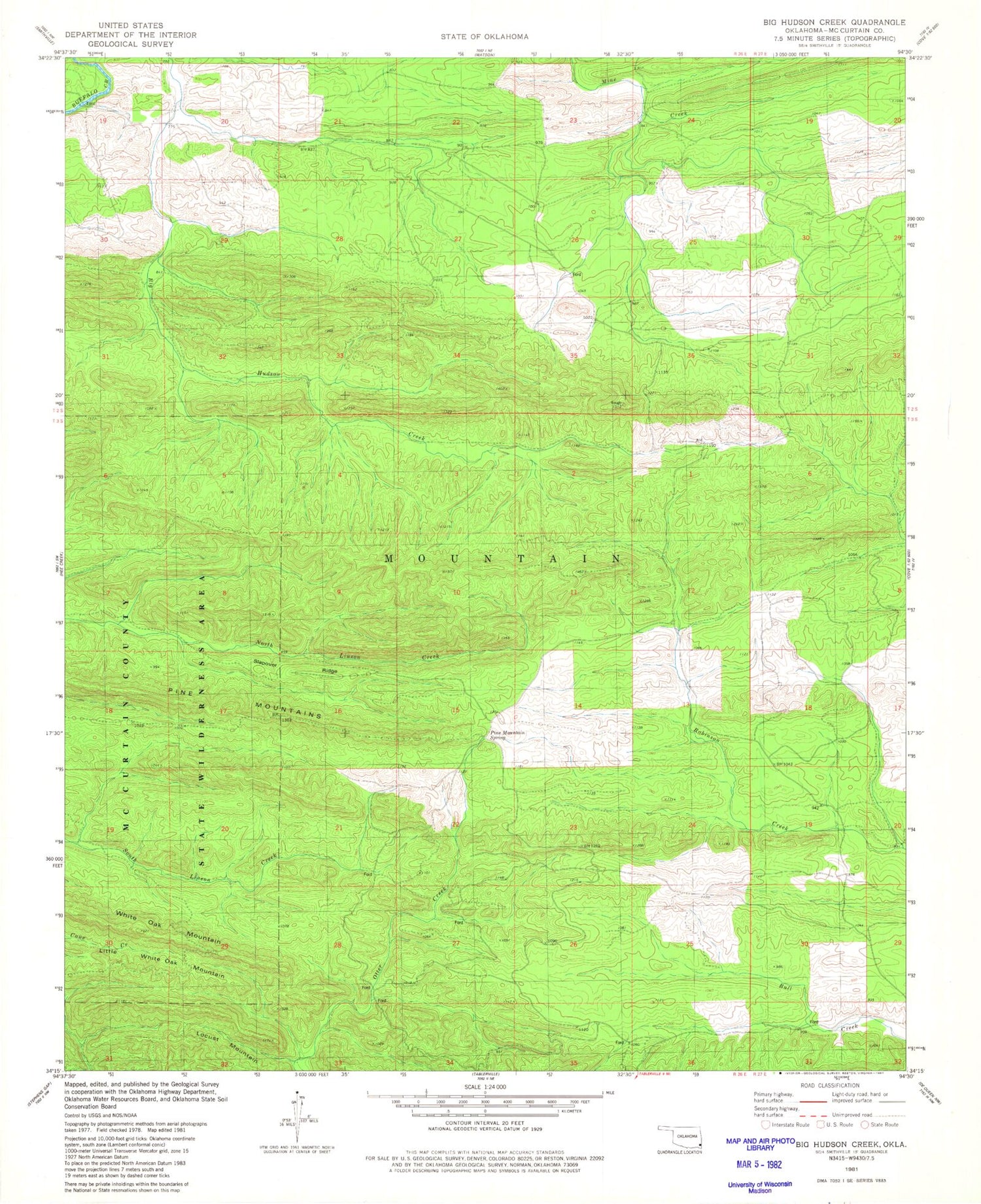 Classic USGS Big Hudson Creek Oklahoma 7.5'x7.5' Topo Map Image