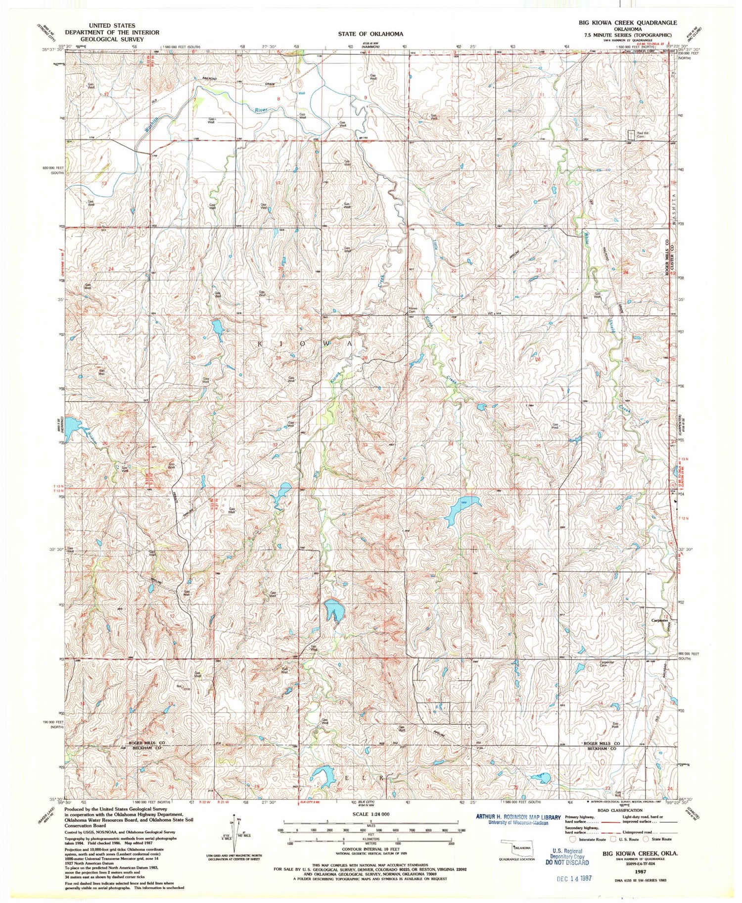 Classic USGS Big Kiowa Creek Oklahoma 7.5'x7.5' Topo Map Image