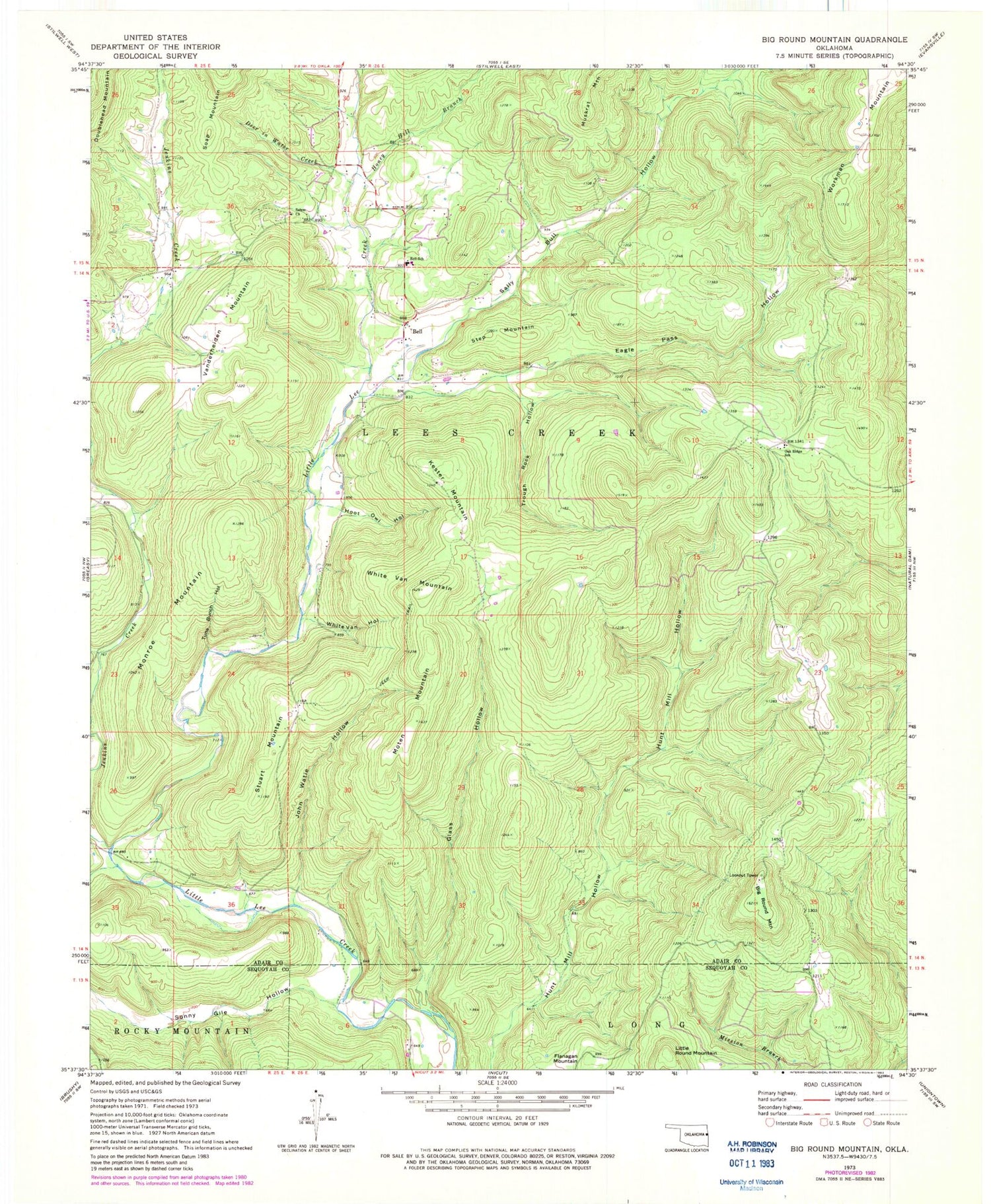 Classic USGS Big Round Mountain Oklahoma 7.5'x7.5' Topo Map Image
