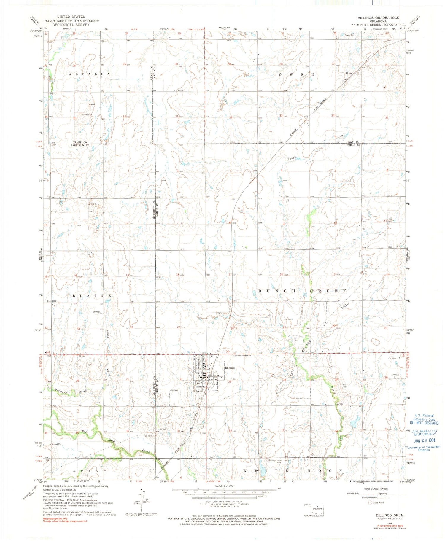 Classic USGS Billings Oklahoma 7.5'x7.5' Topo Map Image